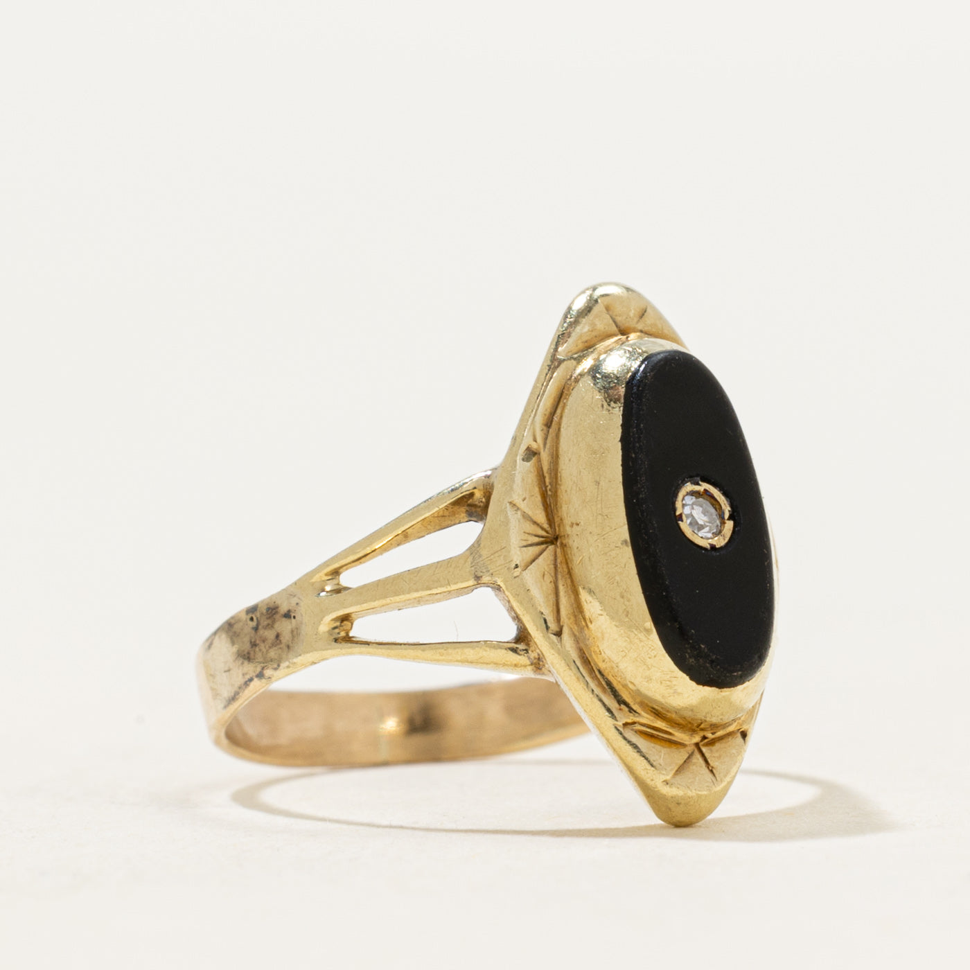 14k Onyx & Diamond Accent Navette Ring | 0.44ct | SZ 3.25