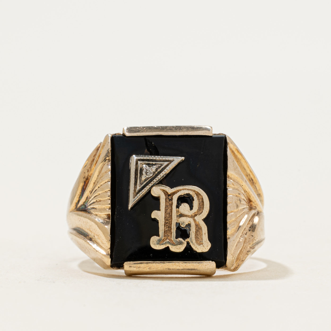 Bague chevalière initiale « R » en onyx et diamant 10 carats | 0,91 ct | Taille 9