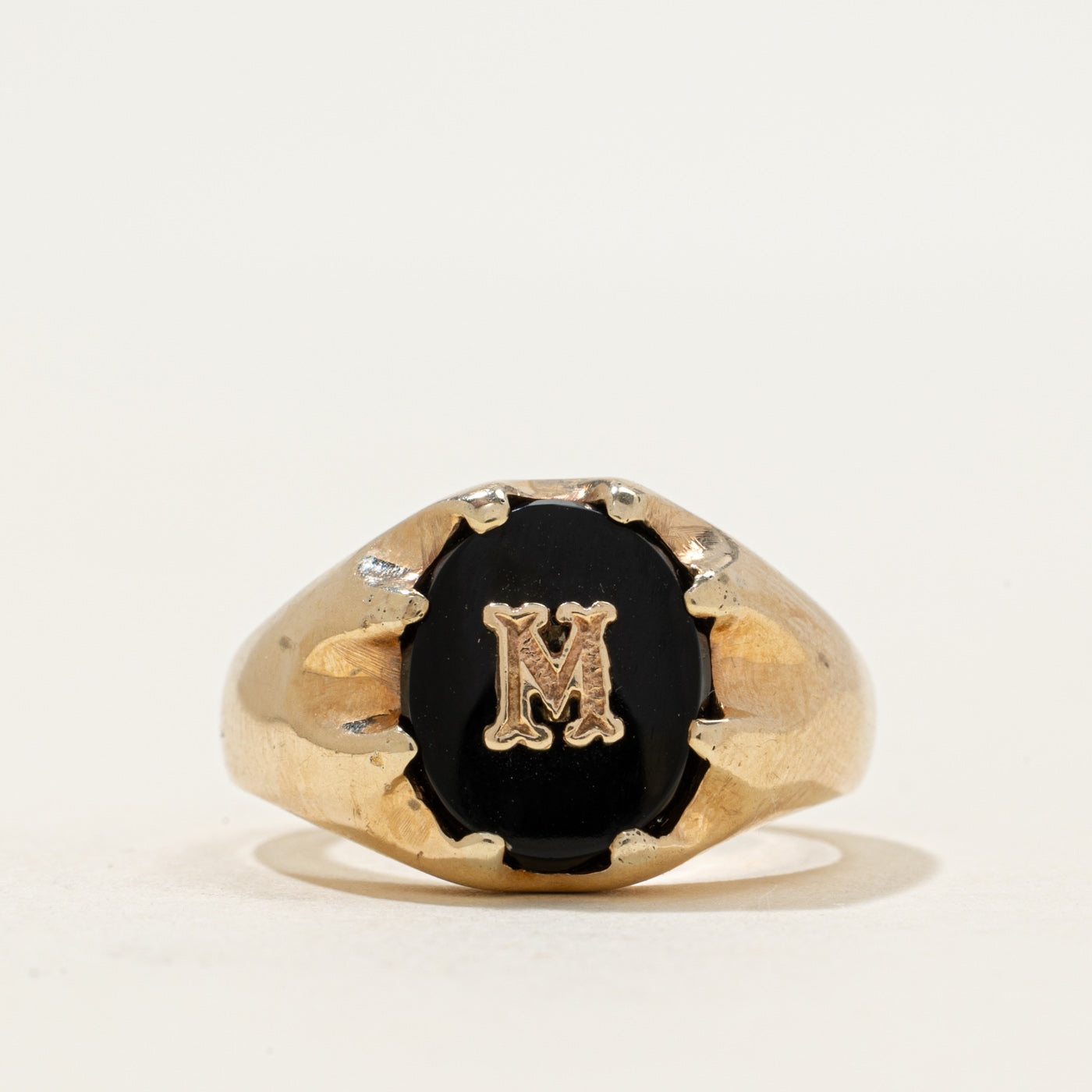 10k Belcher Set Onyx "M" Initial Signet Ring | 0.97ct | SZ 8.75