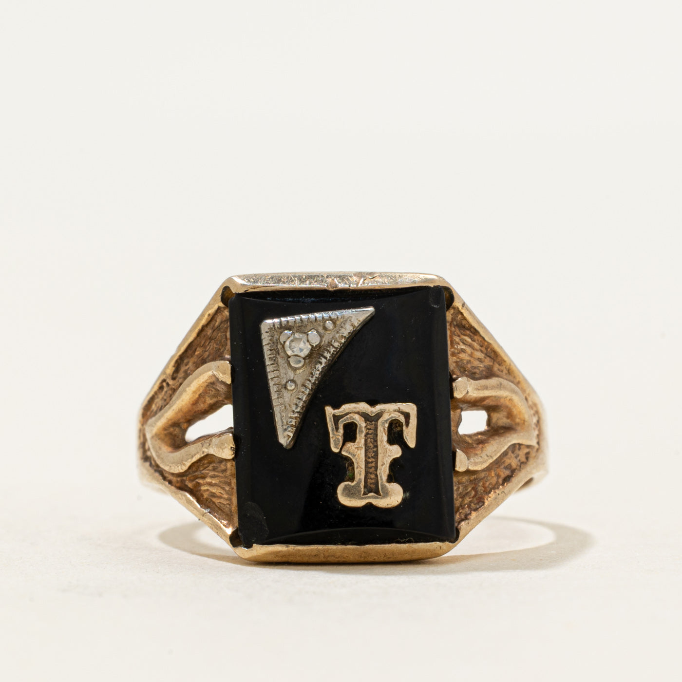 10k Onyx & Diamond "T" Initial Signet Ring | 1.78ct | SZ 7.5