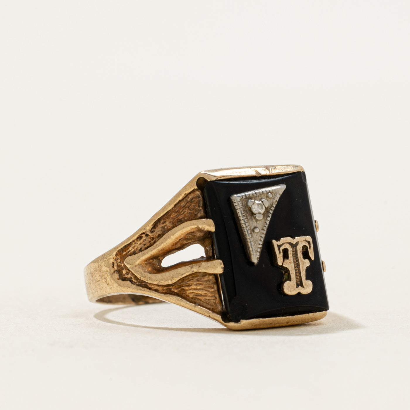 10k Onyx & Diamond "T" Initial Signet Ring | 1.78ct | SZ 7.5