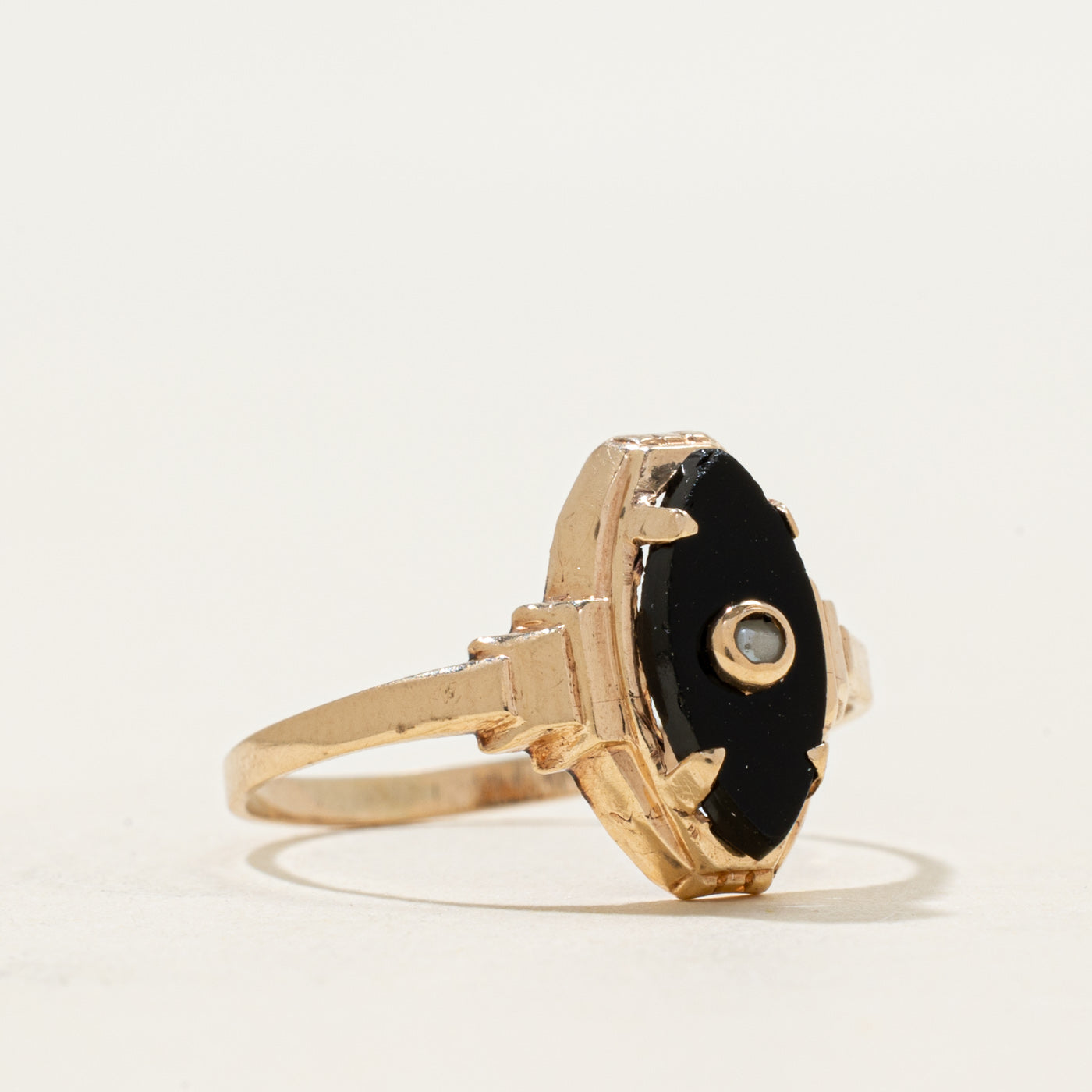 10k Onyx & Seed Pearl Navette Ring | 0.61ctw | SZ 7