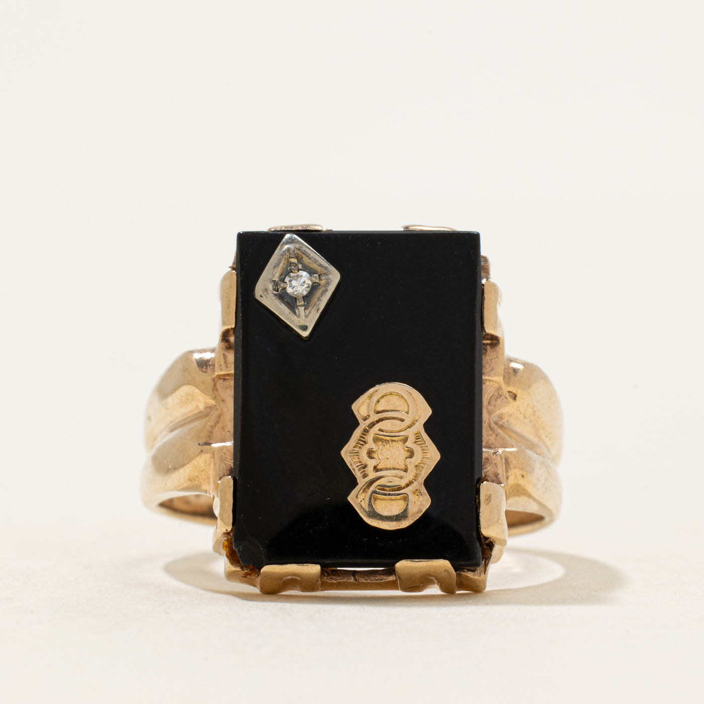 10k Onyx & Diamond Accent Grooved Signet Ring | 3.54ct | SZ 11.5