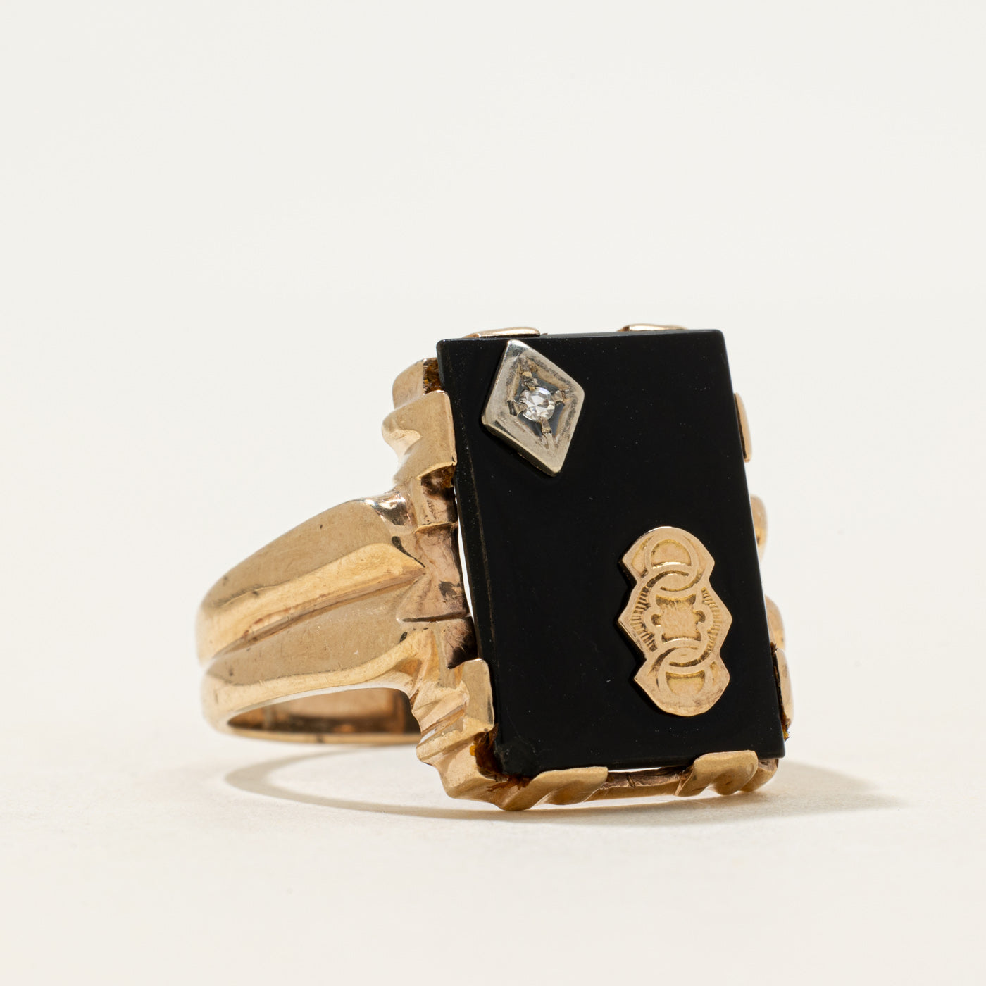 10k Onyx & Diamond Accent Grooved Signet Ring | 3.54ct | SZ 11.5