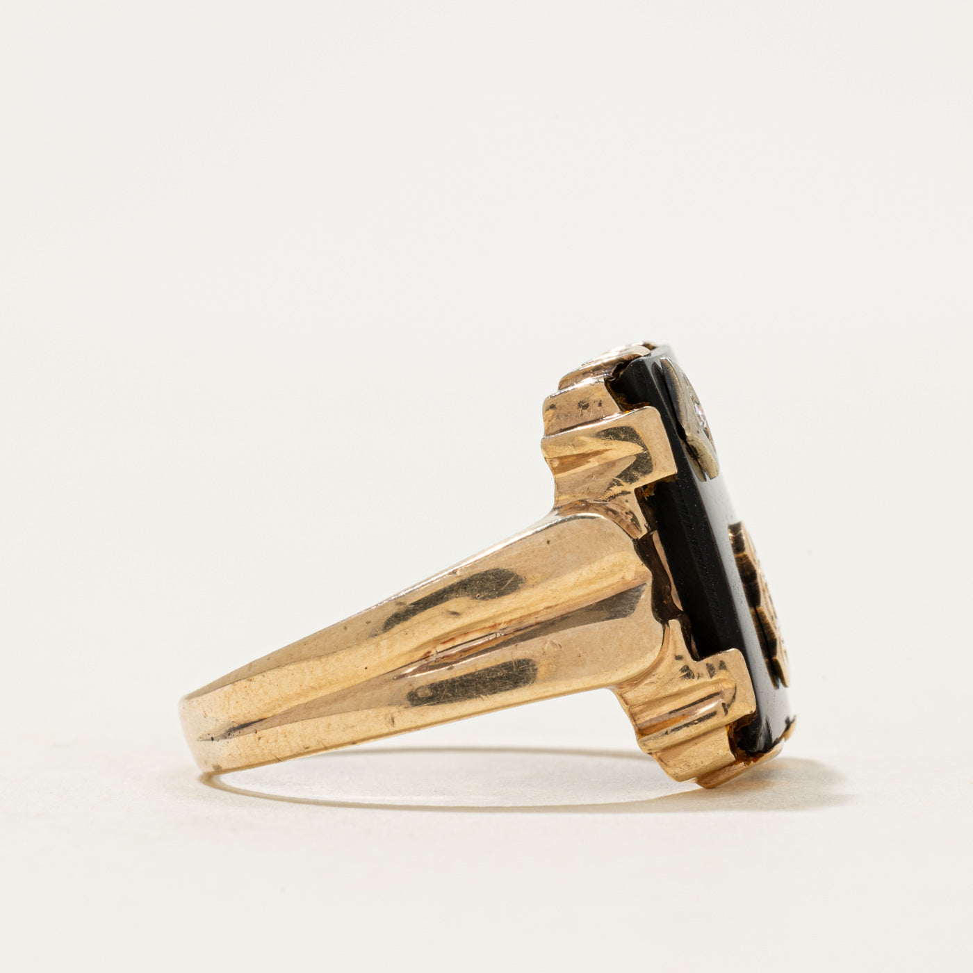 10k Onyx & Diamond Accent Grooved Signet Ring | 3.54ct | SZ 11.5