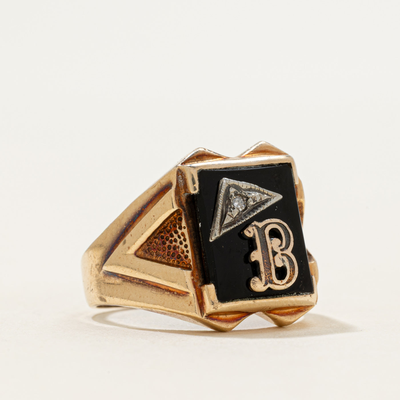 10k Onyx & Diamond "B" Initial Textured Signet Ring | 1.77ct | SZ 7.5