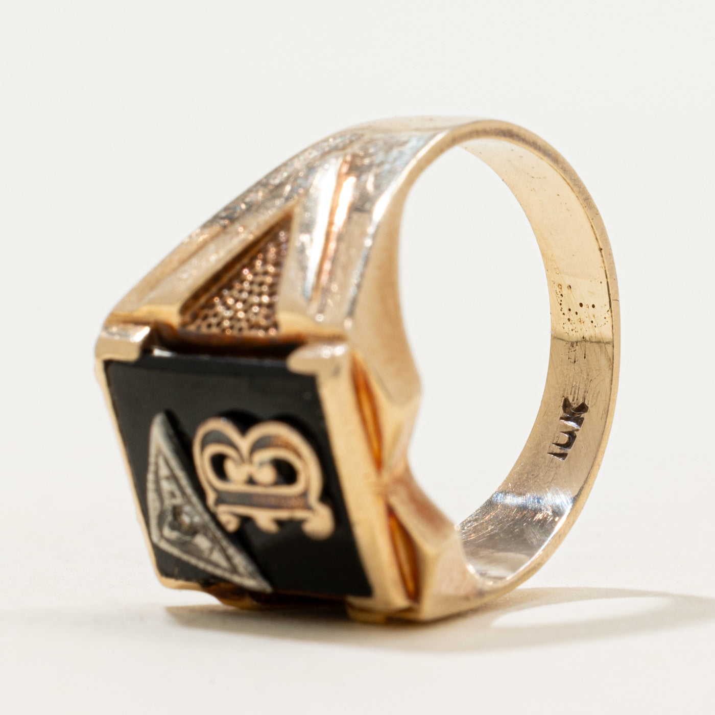 10k Onyx & Diamond "B" Initial Textured Signet Ring | 1.77ct | SZ 7.5