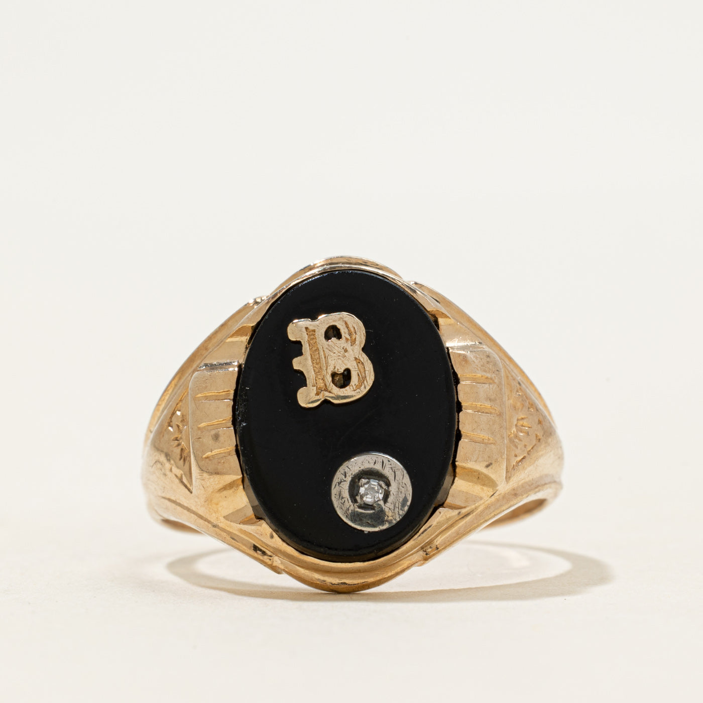 10k Onyx & Diamond "B" Initial Signet Ring | 2.83ct | SZ 11.75