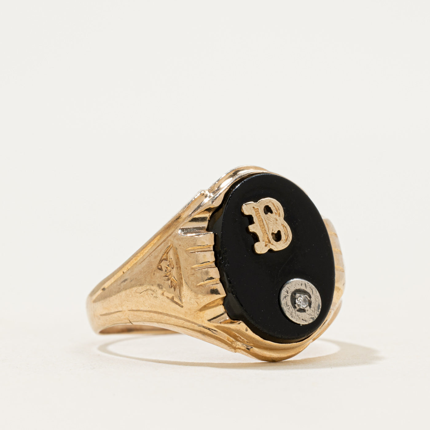 10k Onyx & Diamond "B" Initial Signet Ring | 2.83ct | SZ 11.75