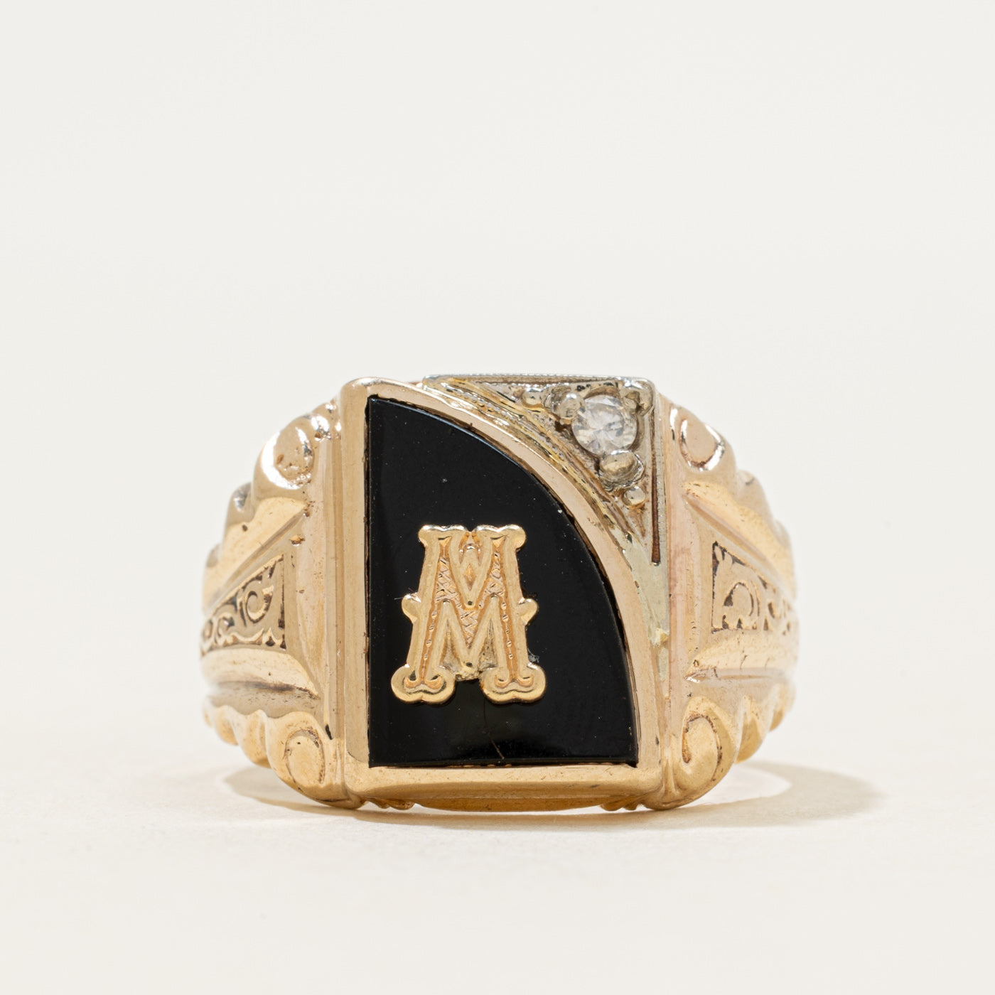 10k Onyx & Diamond "M" Initial Signet Ring | 1.77ct | SZ 9.5