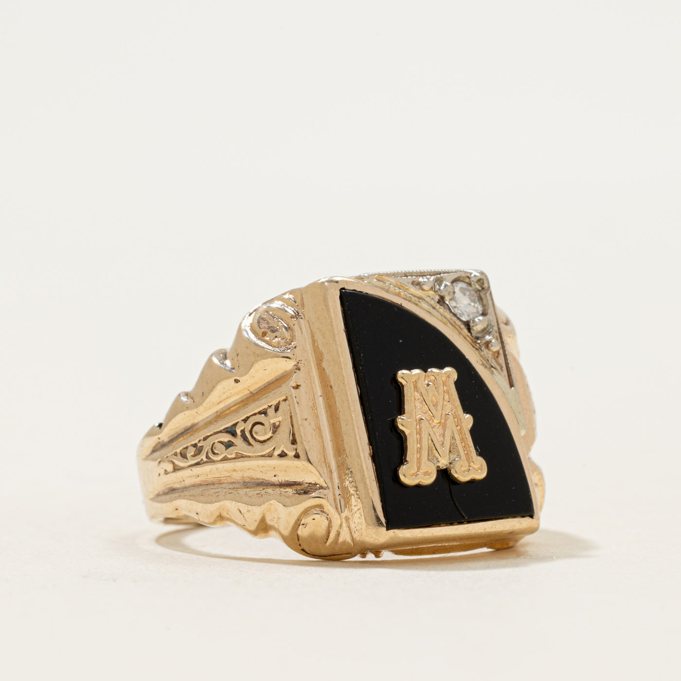 10k Onyx & Diamond "M" Initial Signet Ring | 1.77ct | SZ 9.5