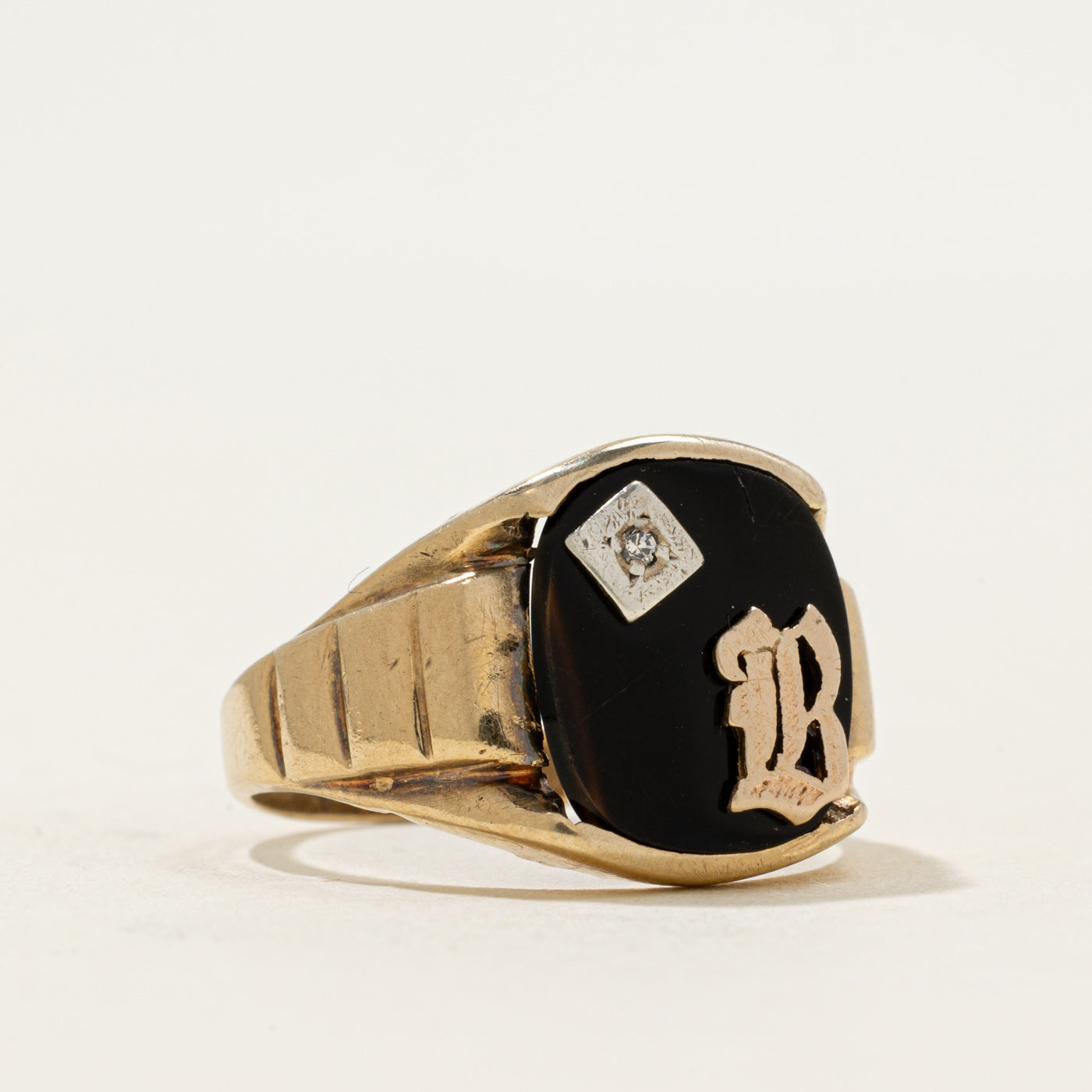 10k Onyx & Diamond "B" Initial Grooved Signet Ring | 2.35ct | SZ 9