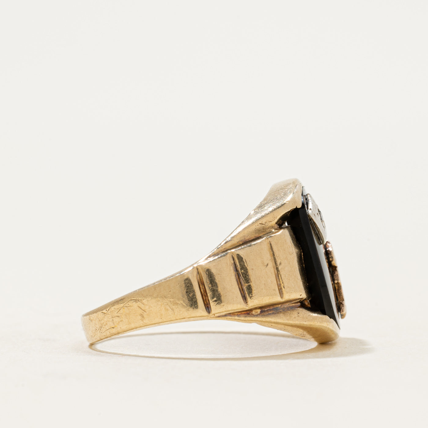10k Onyx & Diamond "B" Initial Grooved Signet Ring | 2.35ct | SZ 9