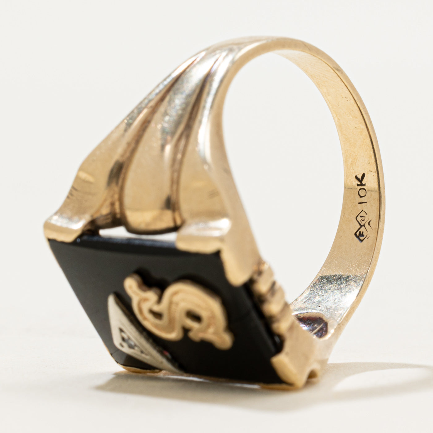 10k Onyx & Diamond "S" Initial Signet Ring | 3.15ct | SZ 9.25
