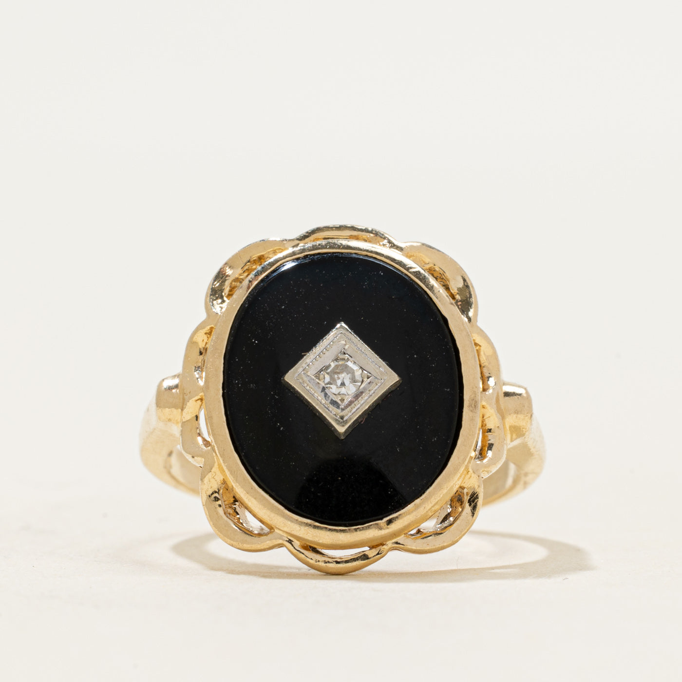 14k Onyx & Diamond Accent Scalloped Ring | 2.44ct | SZ 6.5