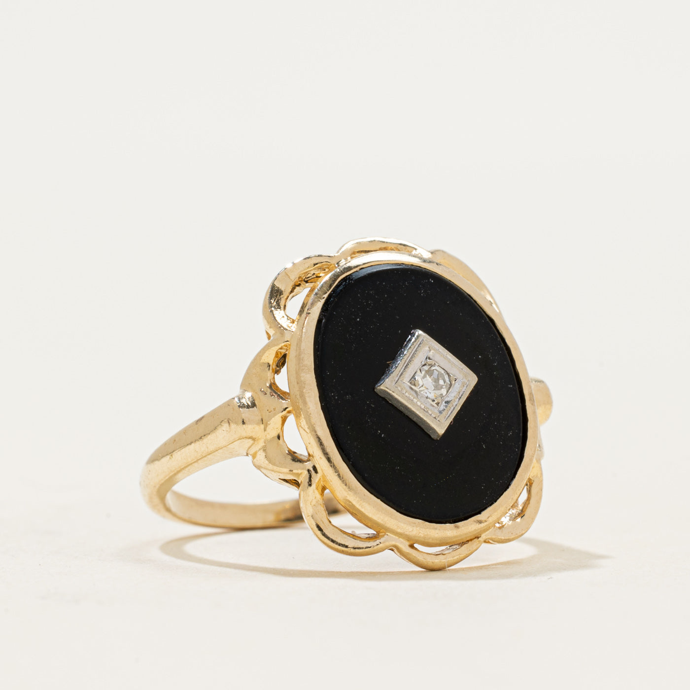 14k Onyx & Diamond Accent Scalloped Ring | 2.44ct | SZ 6.5