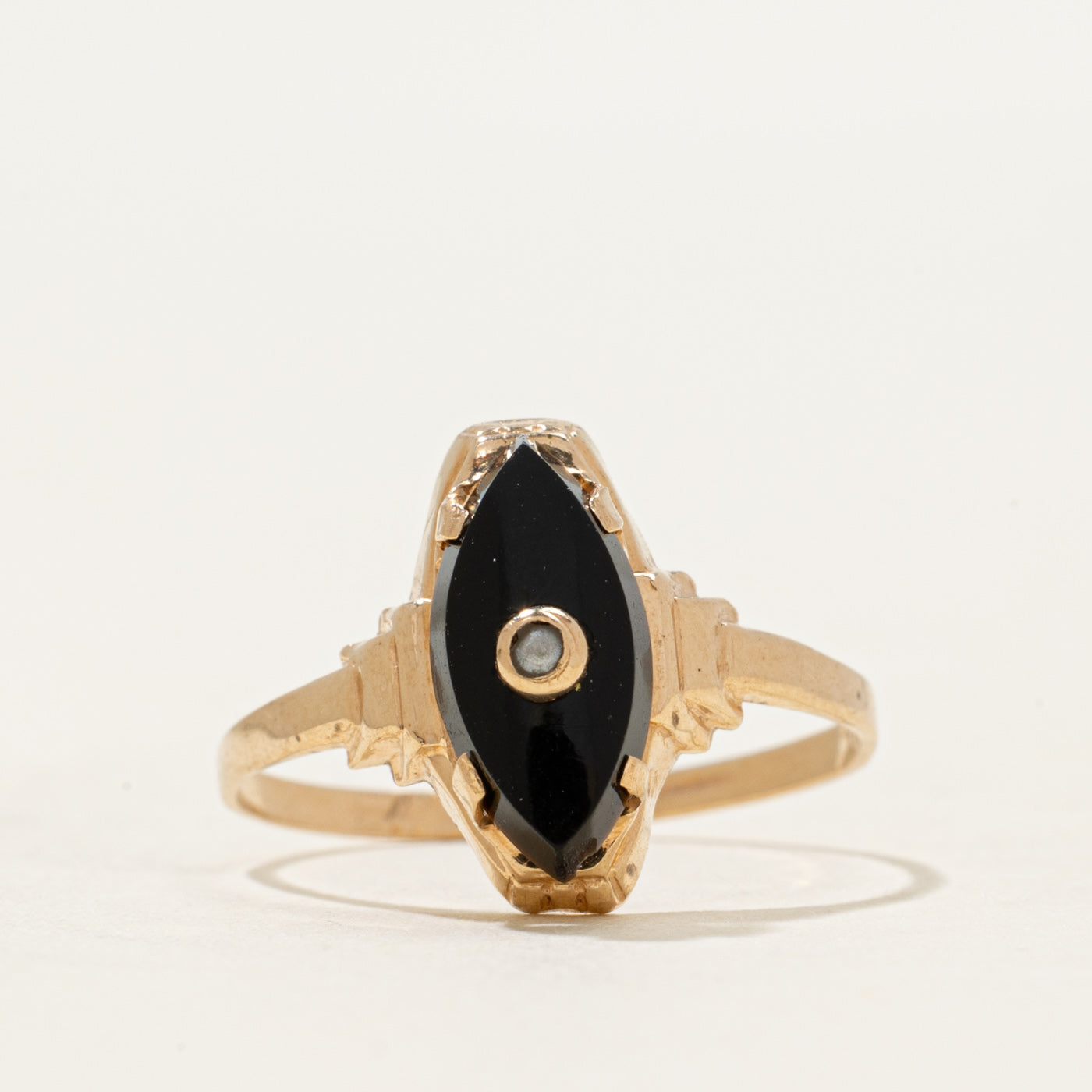 10k Onyx & Seed Pearl Navette Ring | 1.05ctw | SZ 6.5