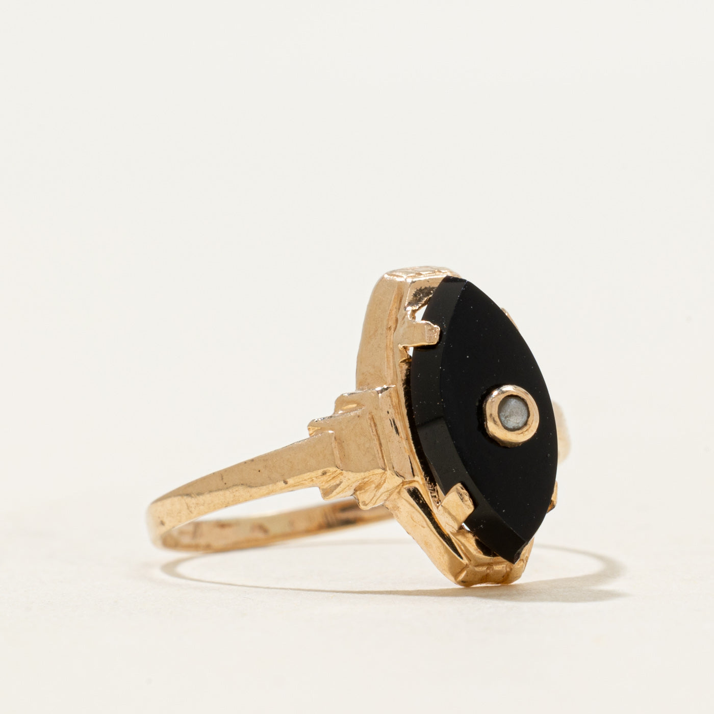 10k Onyx & Seed Pearl Navette Ring | 1.05ctw | SZ 6.5