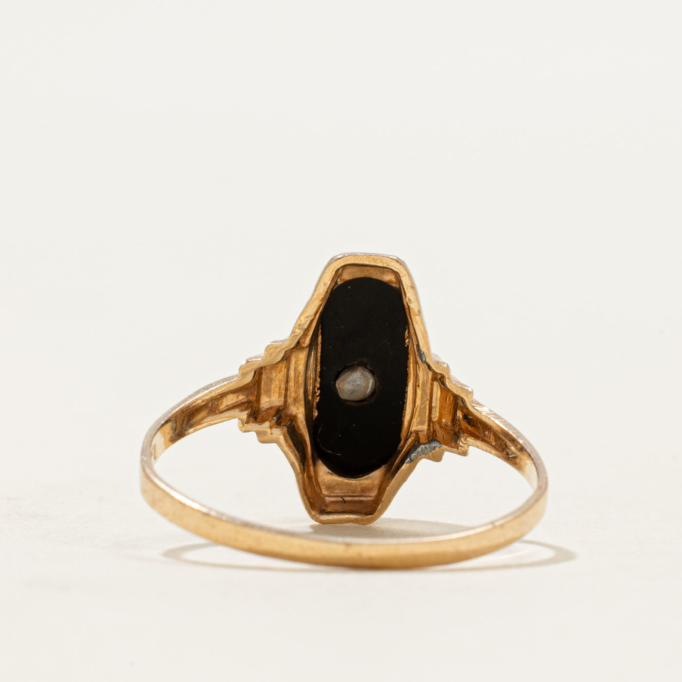 10k Onyx & Seed Pearl Navette Ring | 1.05ctw | SZ 6.5