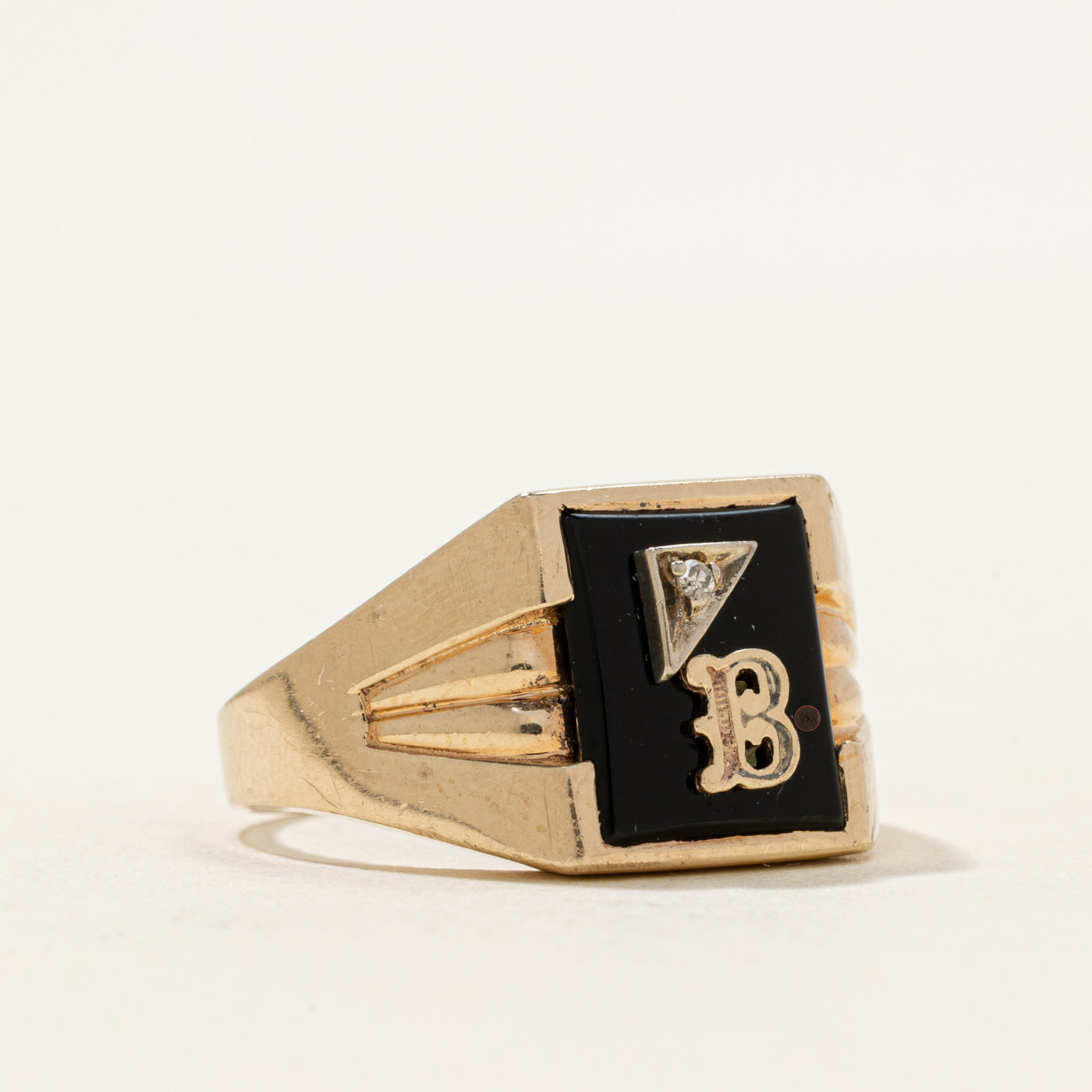 10k Onyx & Diamond "B" Initial Grooved Signet Ring | 1.37ct | SZ 10.25