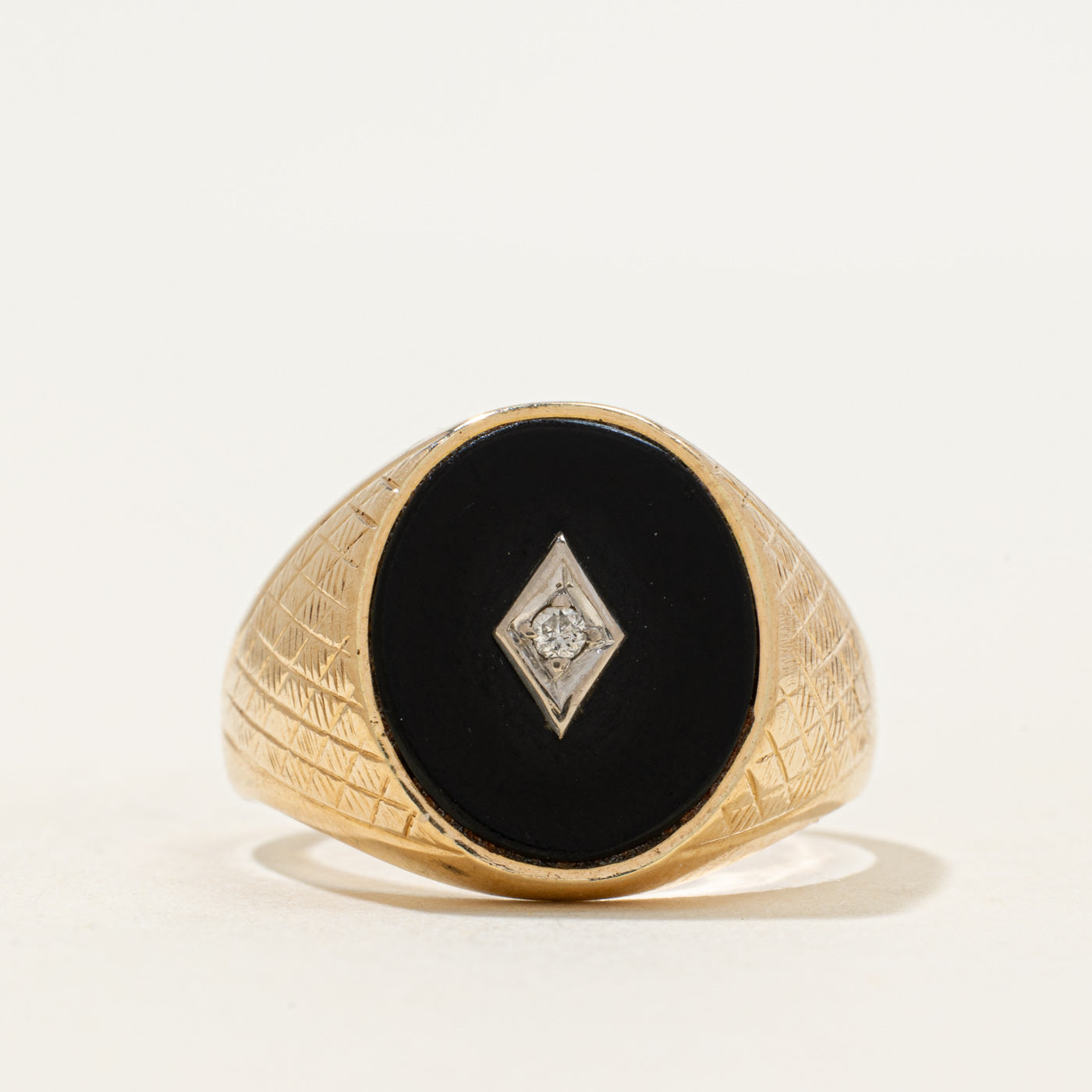14k Onyx & Diamond Cross-Hatch Signet Ring | 2.30ct | SZ 10.25