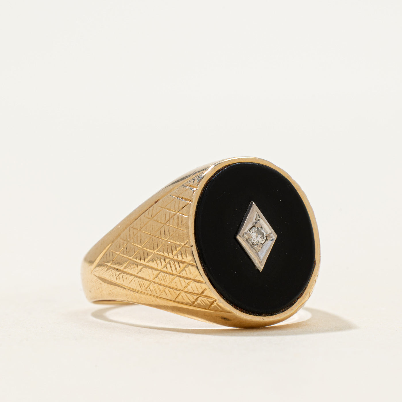 14k Onyx & Diamond Cross-Hatch Signet Ring | 2.30ct | SZ 10.25