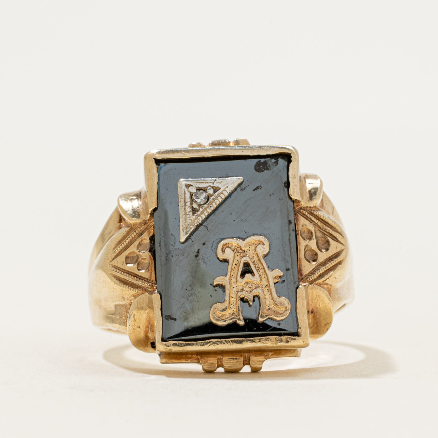 10k Hematite & Diamond "A" Initial Engraved Signet Ring | 3.86ct | SZ 12.25