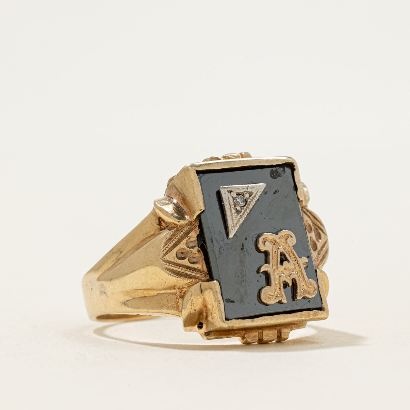 10k Hematite & Diamond "A" Initial Engraved Signet Ring | 3.86ct | SZ 12.25