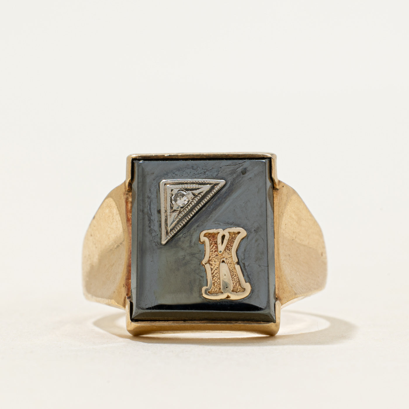 10k Hematite & Diamond "K" Initial Signet Ring | 2.45ct | SZ 9.5