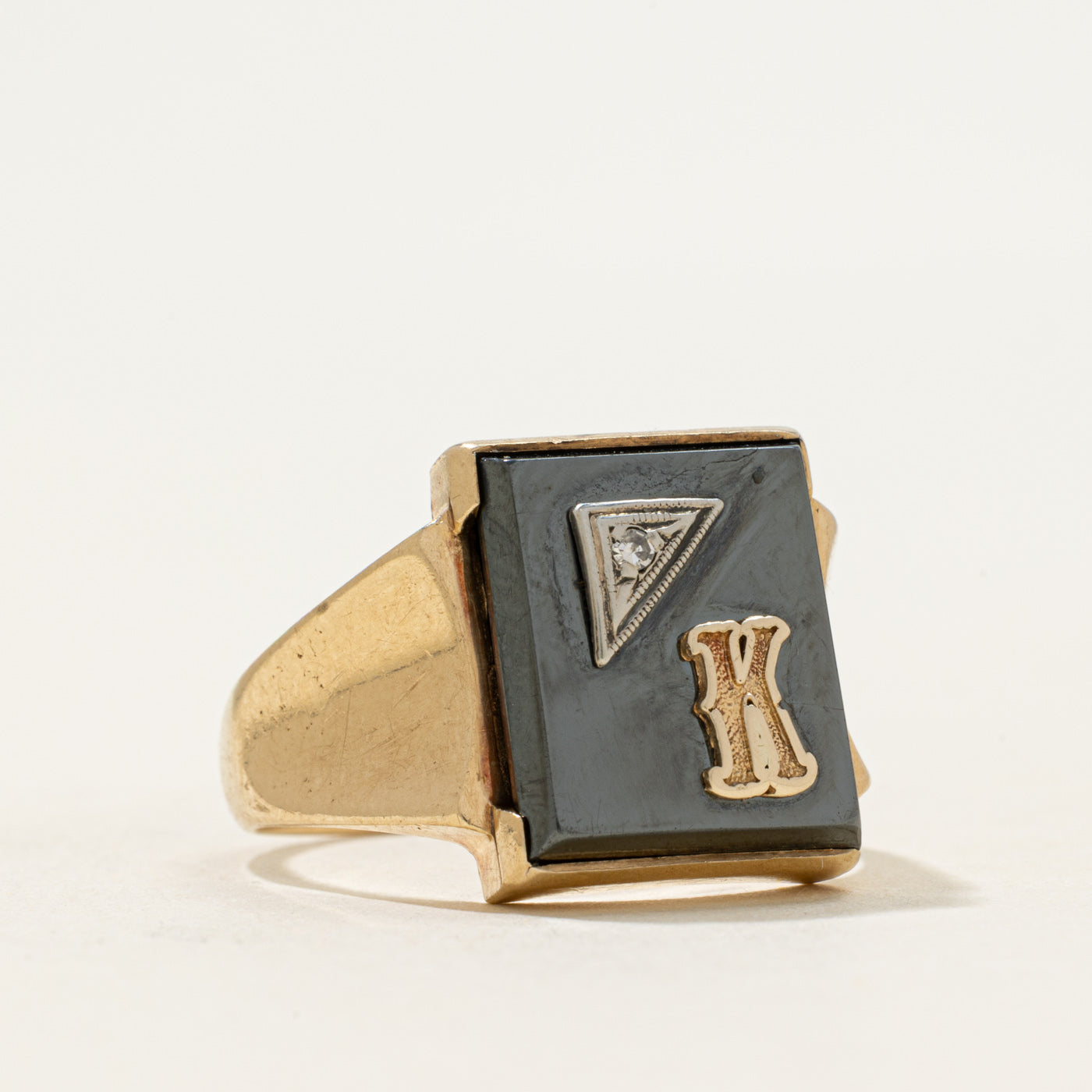 10k Hematite & Diamond "K" Initial Signet Ring | 2.45ct | SZ 9.5