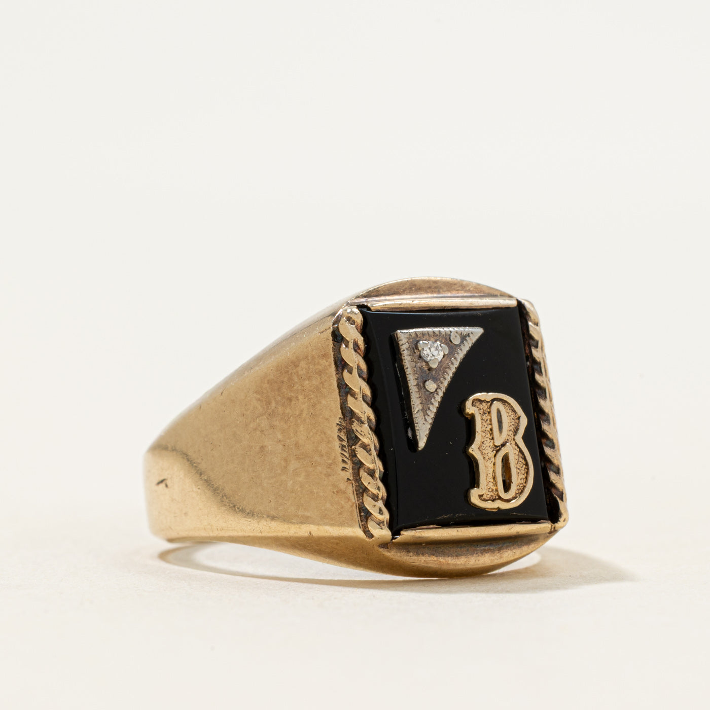 10k Onyx & Diamond Accent "B" Initial Signet Ring | 1.02ct | SZ 9.25