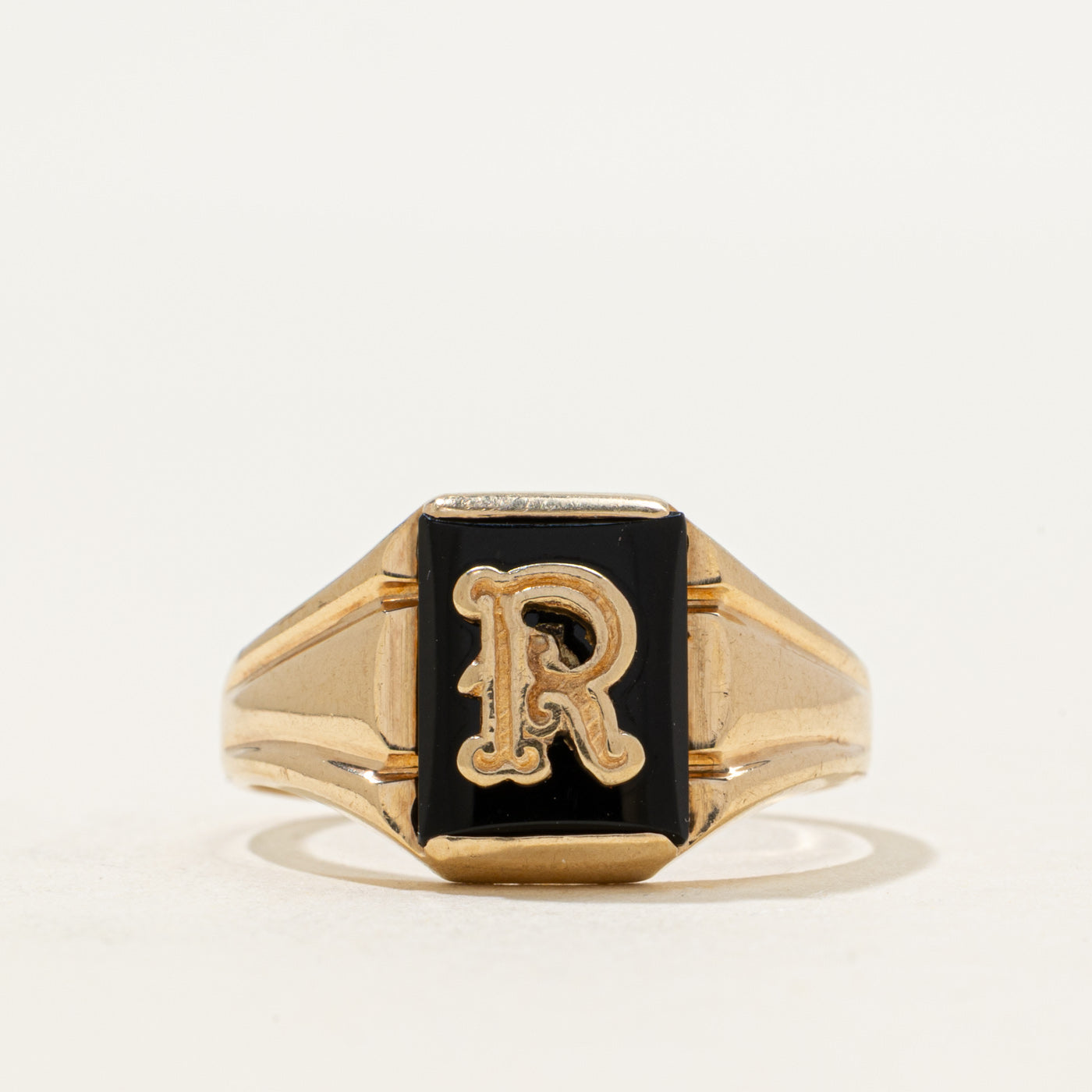 Vintage Canadian 10k Onyx "R" Initial Signet Ring | 1.06ct | SZ 8.25