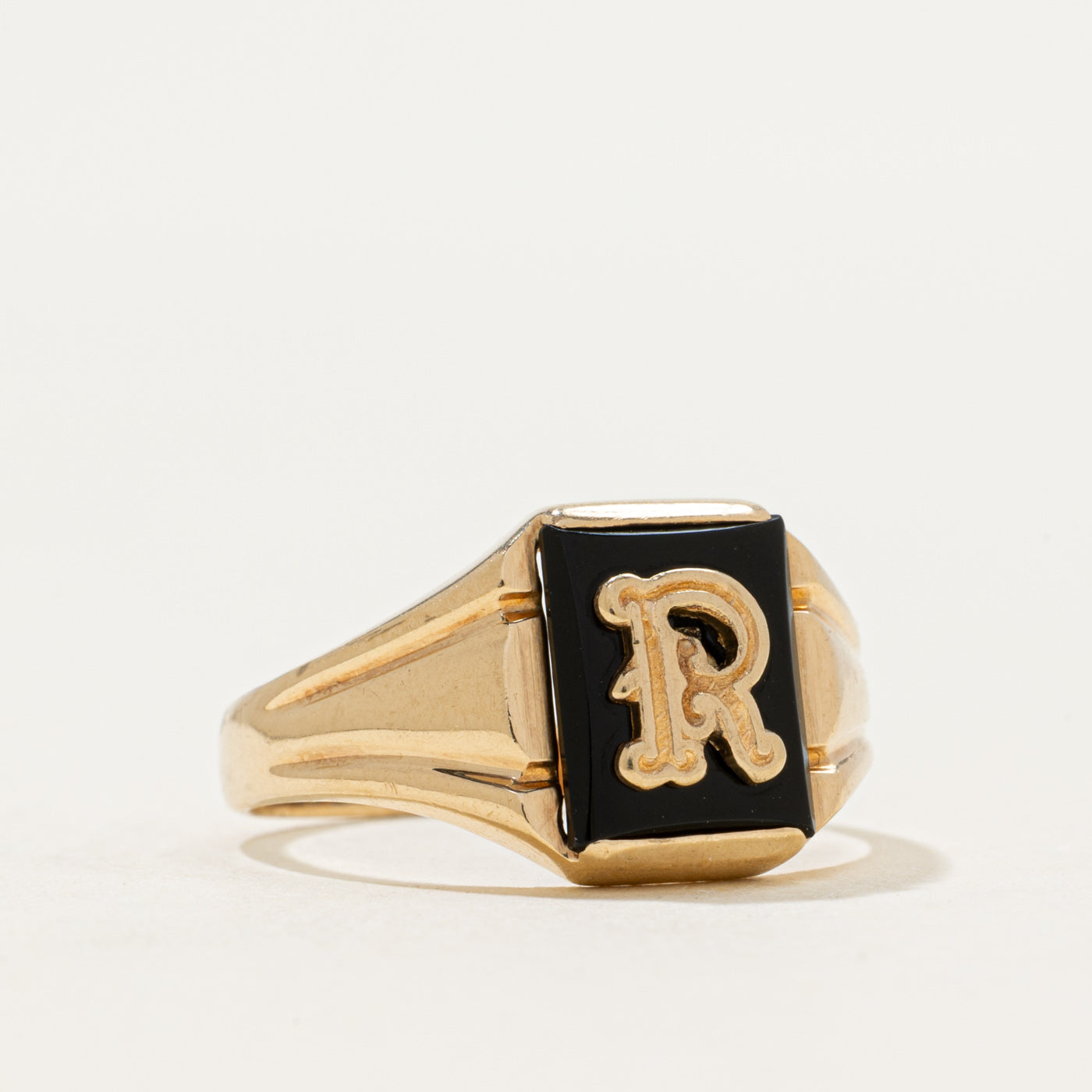 Vintage Canadian 10k Onyx "R" Initial Signet Ring | 1.06ct | SZ 8.25