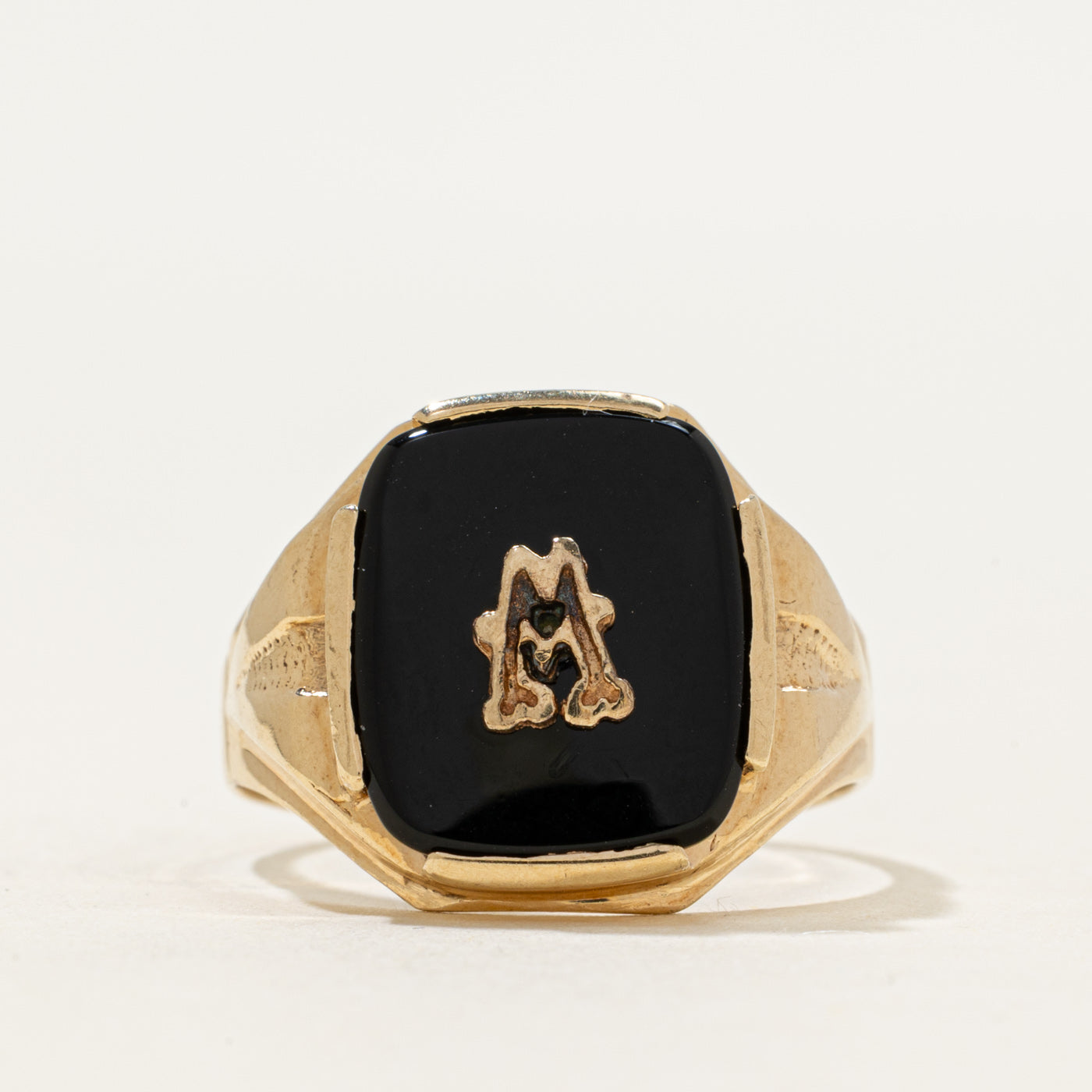 10k Onyx "M" Initial Signet Ring | 2.18ct | SZ 9.25