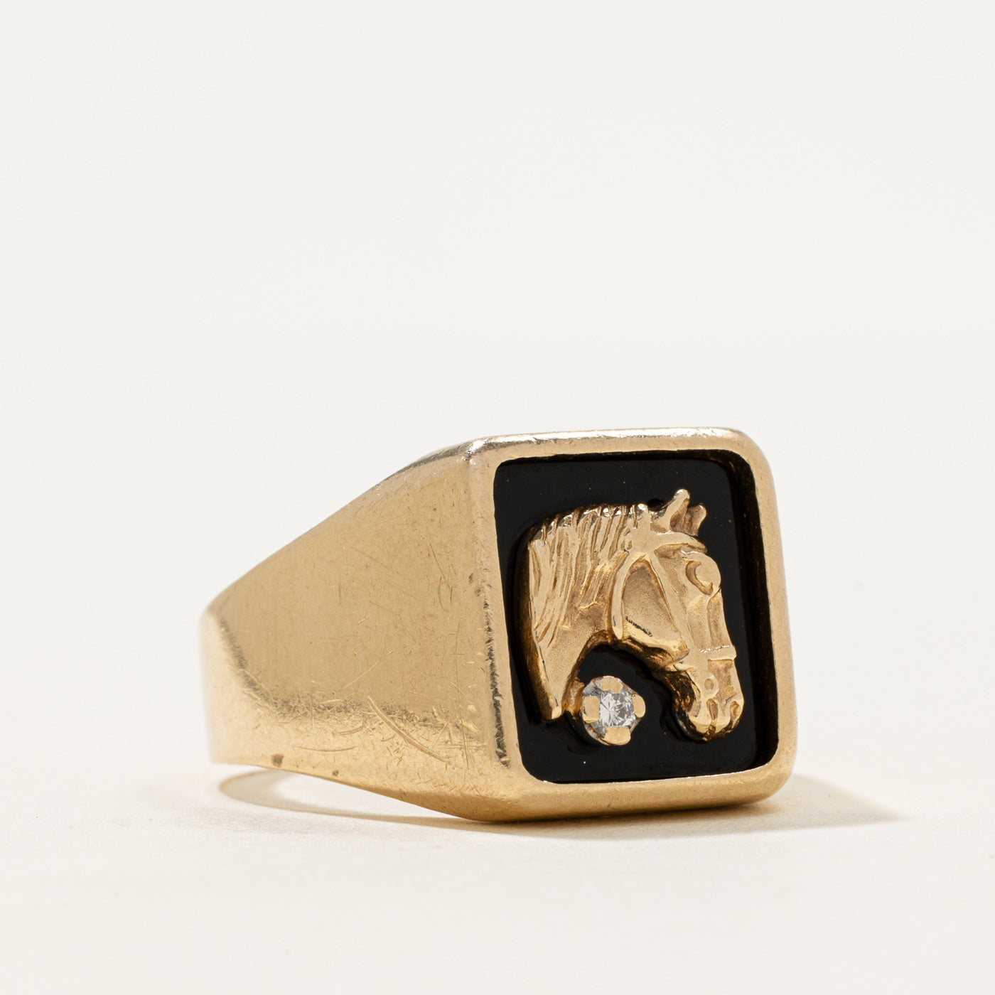 10k Onyx & Diamond Horse Signet Ring | 1.28ct | SZ 12