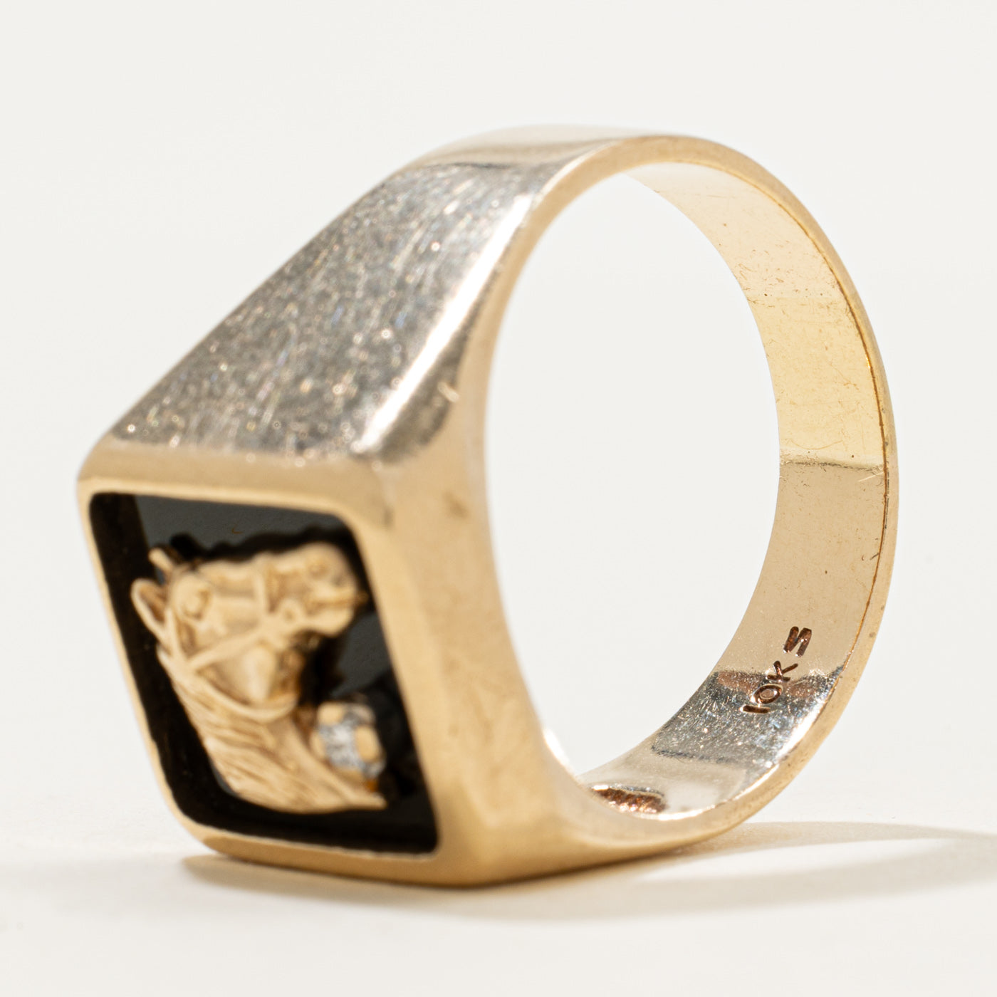 10k Onyx & Diamond Horse Signet Ring | 1.28ct | SZ 12