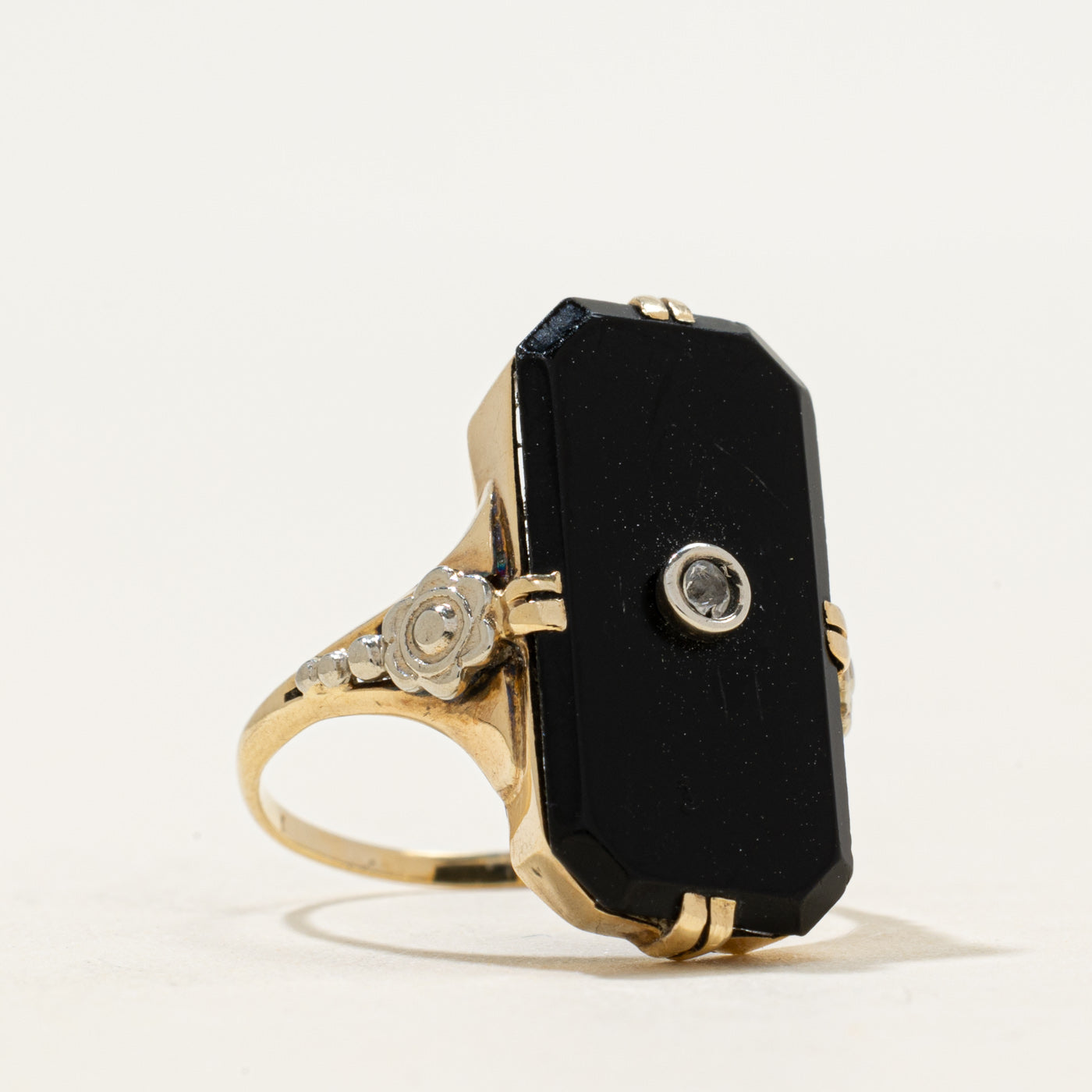 10k Octagonal Onyx & White Topaz Ring | 3.02ctw | SZ 5.25