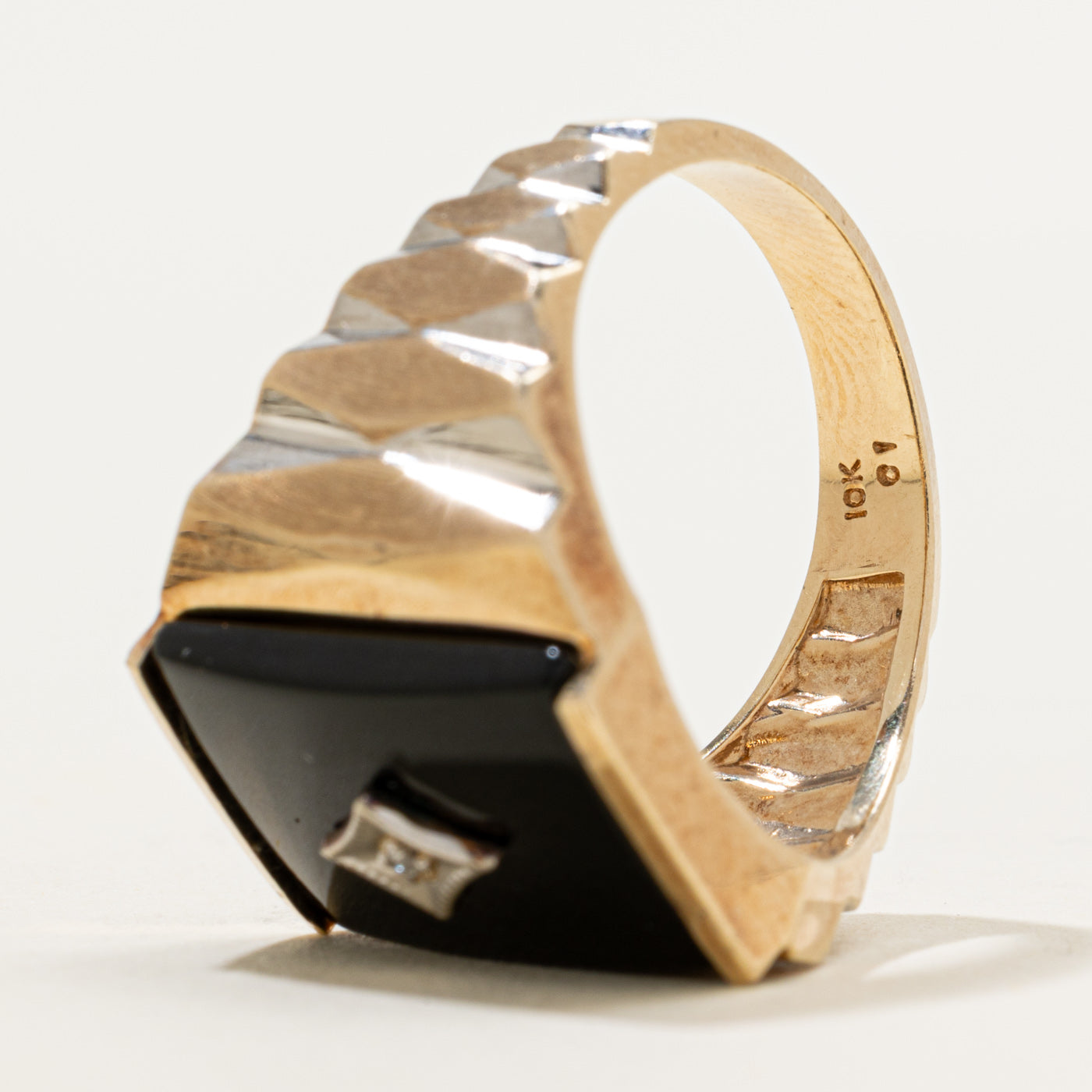 10k Rectangular Onyx & Diamond Grooved Ring | 2.56ct | SZ 9.75