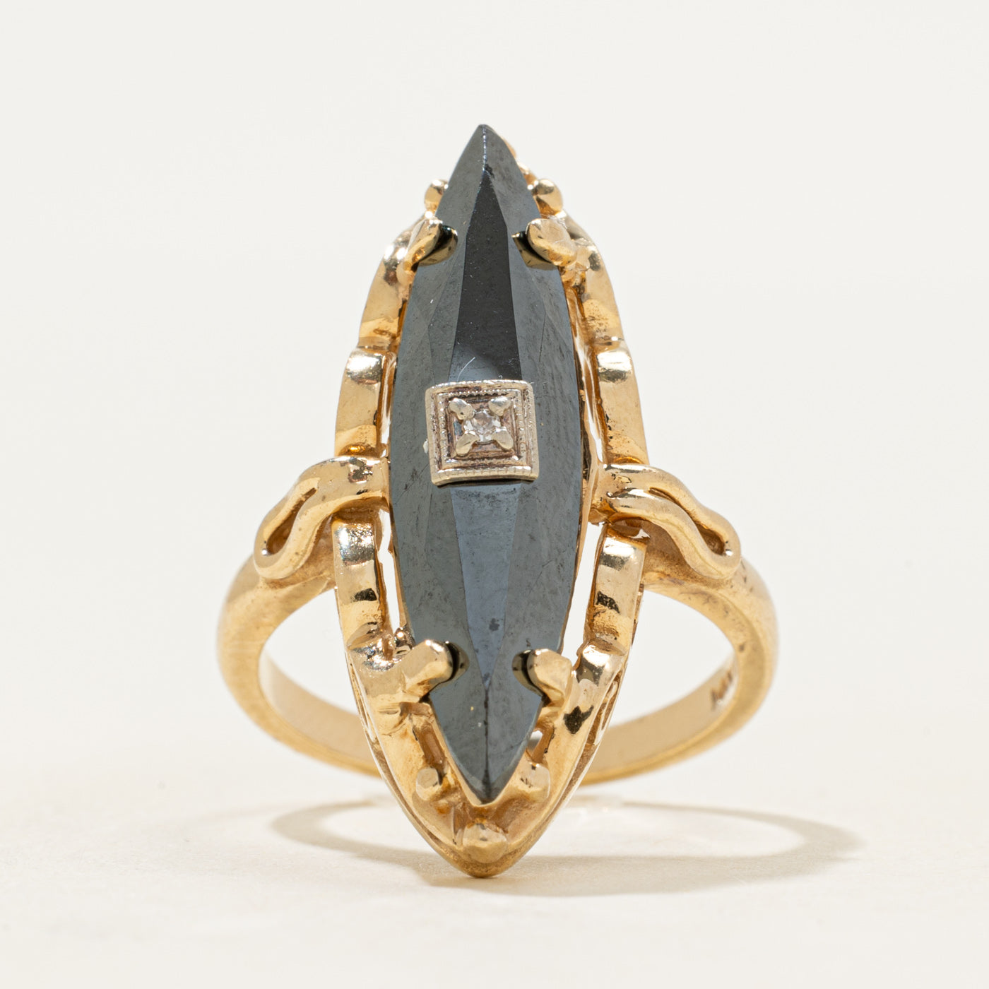 14k Hematite & Diamond Textured Navette Ring | 2.78ct | SZ 6.25