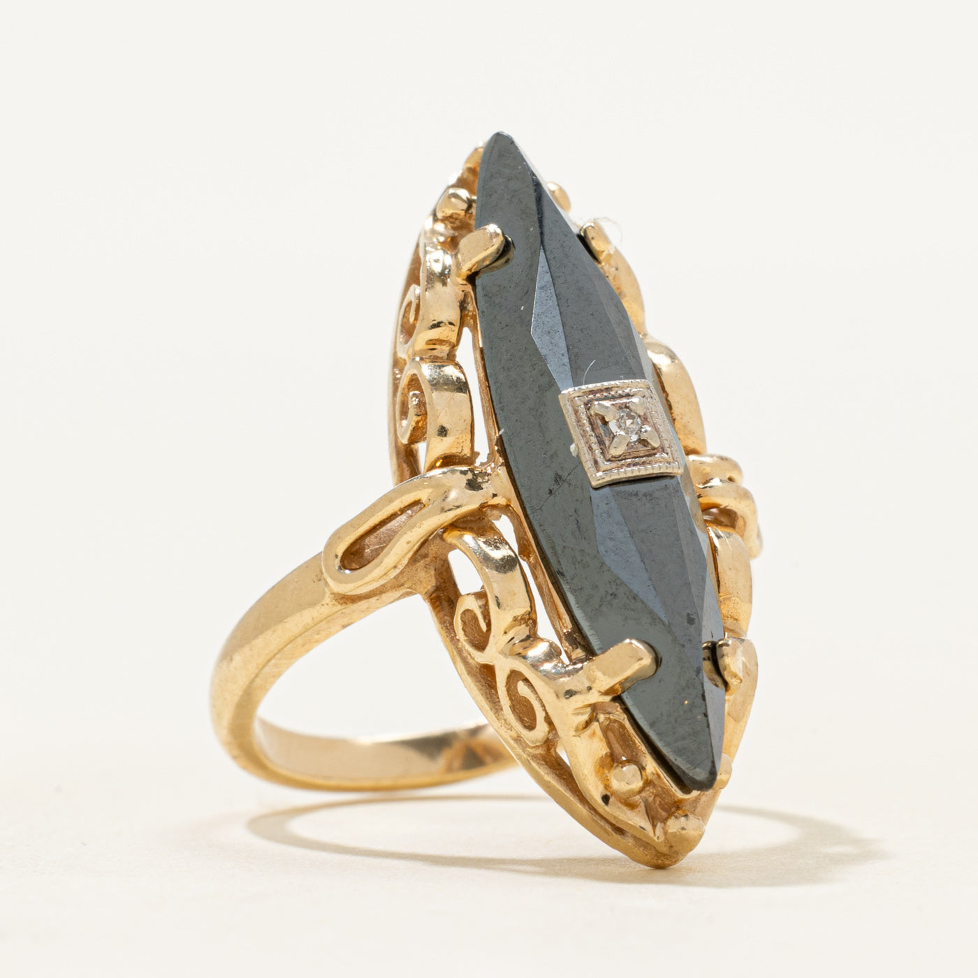 14k Hematite & Diamond Textured Navette Ring | 2.78ct | SZ 6.25