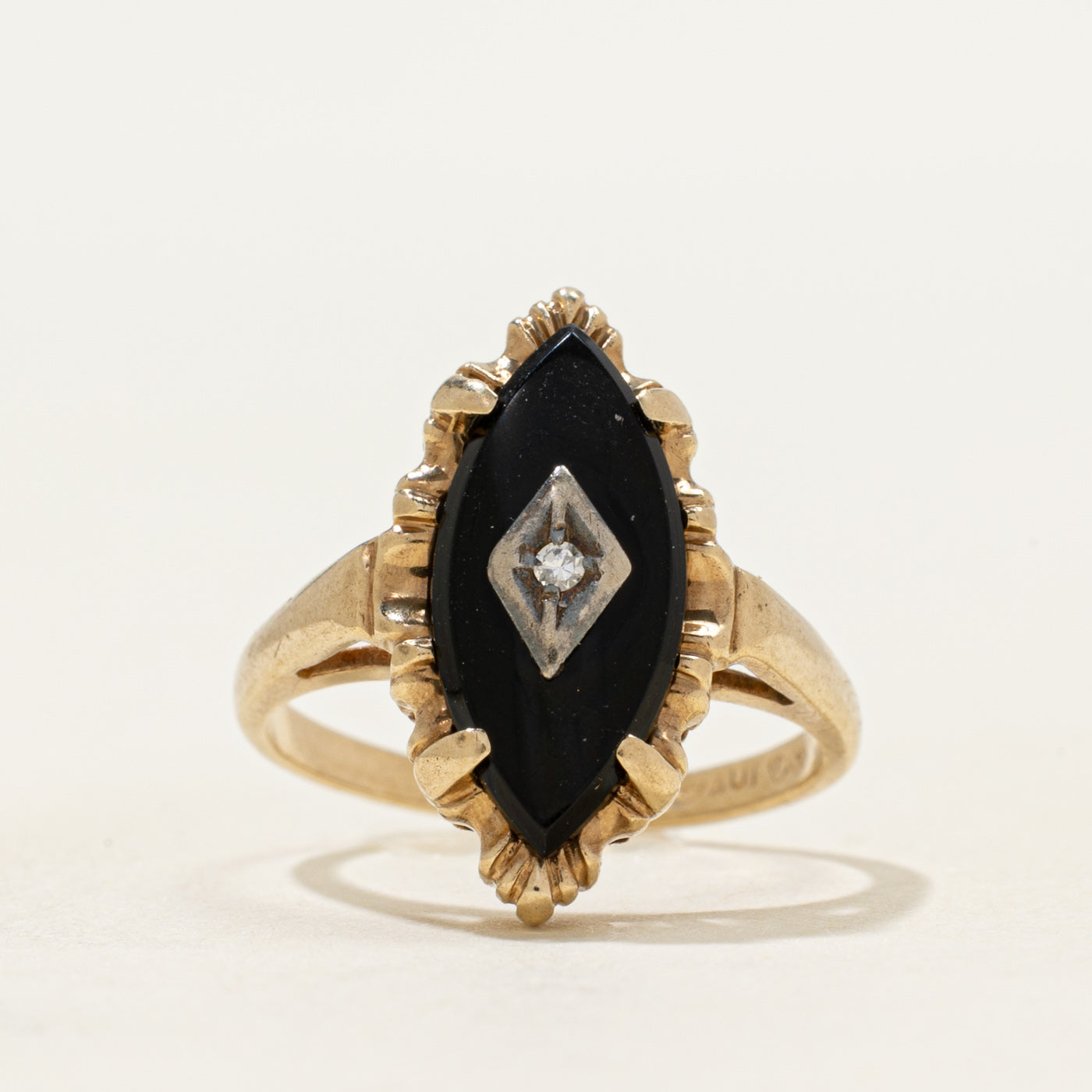 Vintage Canadian 10k Onyx & Diamond Navette Ring | 1.50ct | SZ 4.5