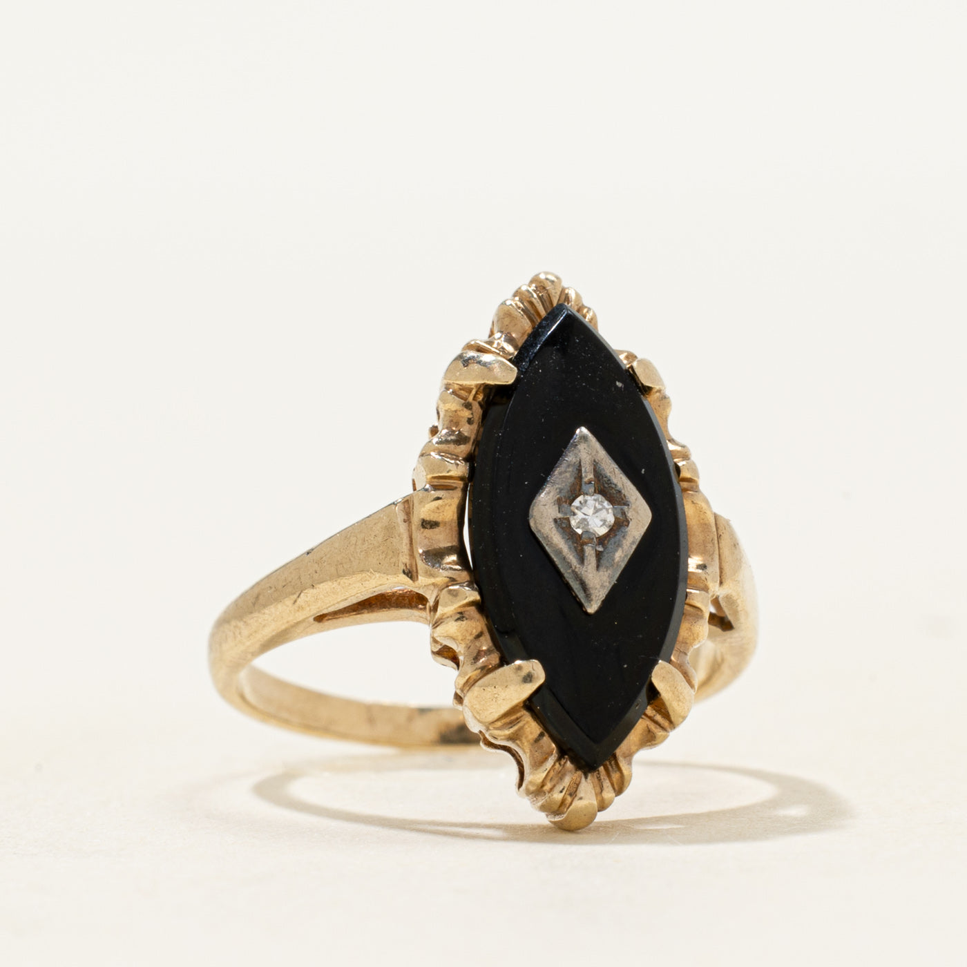 Vintage Canadian 10k Onyx & Diamond Navette Ring | 1.50ct | SZ 4.5