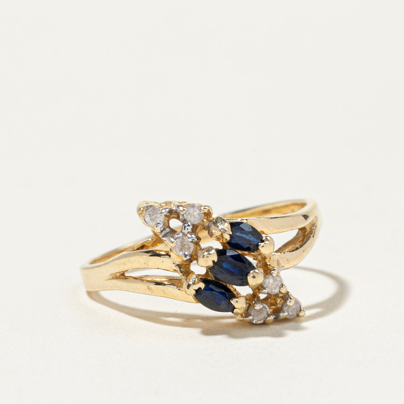 Three Stone Sapphire & Diamond Cluster Bypass Ring | SZ 7.25