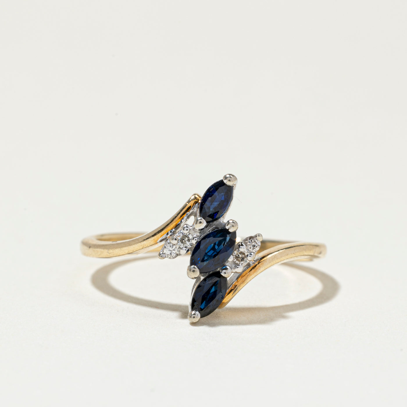 Three Stone Marquise Cut Sapphire & Diamond Bypass Ring | SZ 6.75