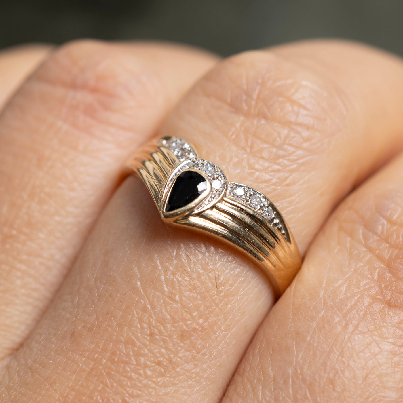 Pear Cut Sapphire & Diamond Chevron Ring | SZ 8.5