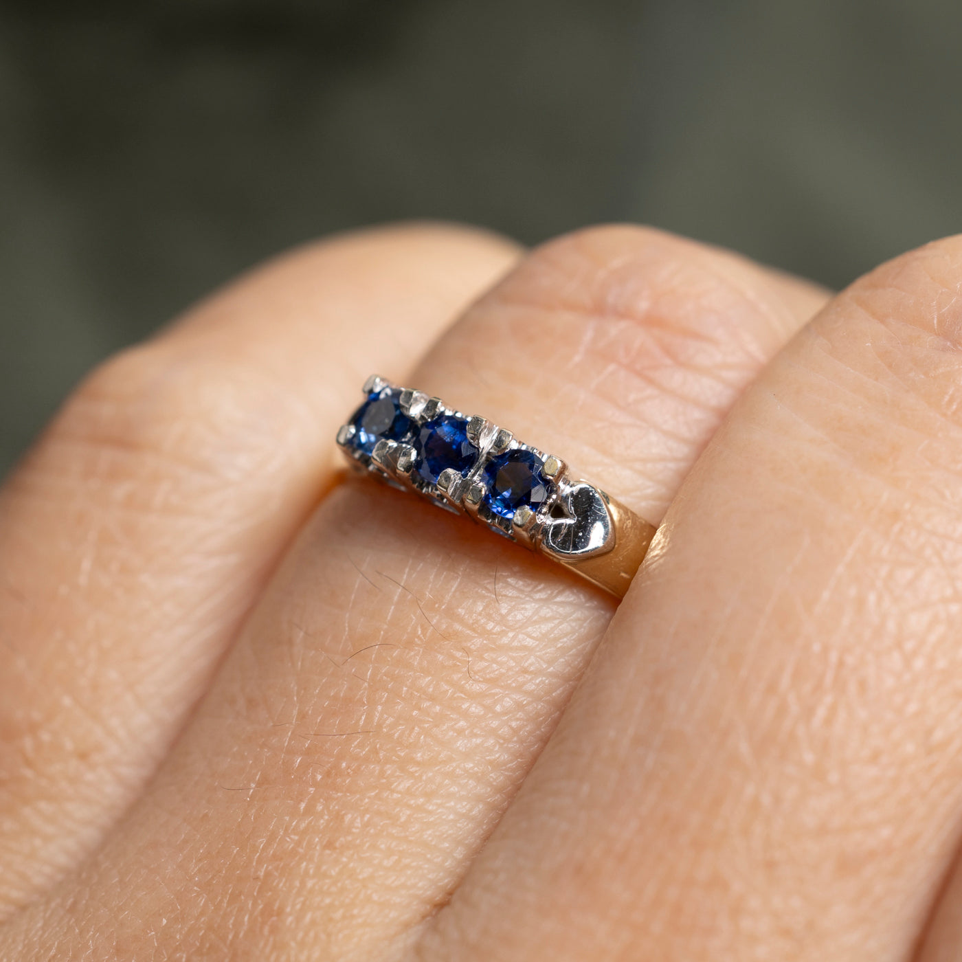 Two Tone Gold Three Stone Sapphire Ring | SZ 7