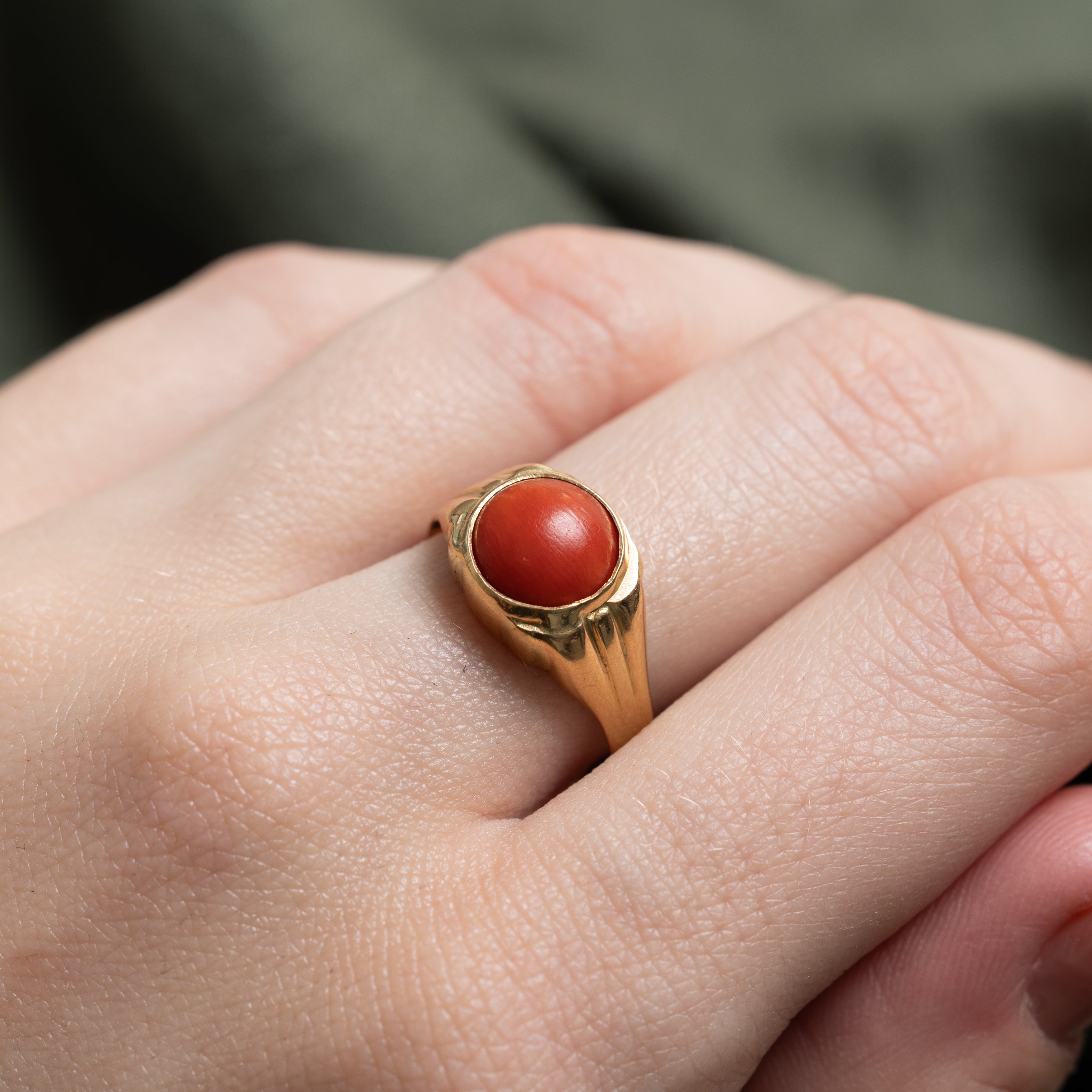 Bezel Set Coral Grooved Ring | SZ 7