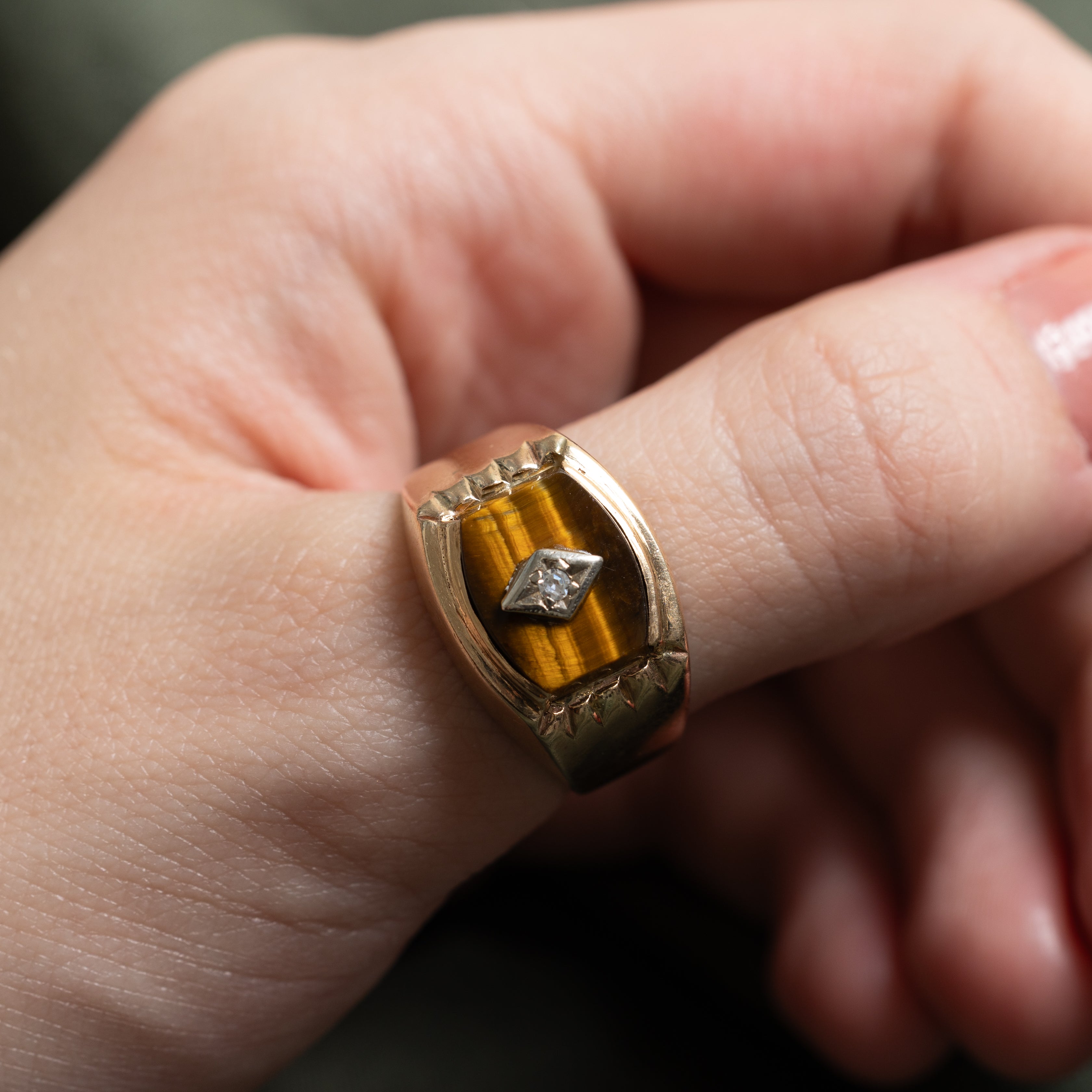 Chevalière en diamant et œil de tigre | Taille 10