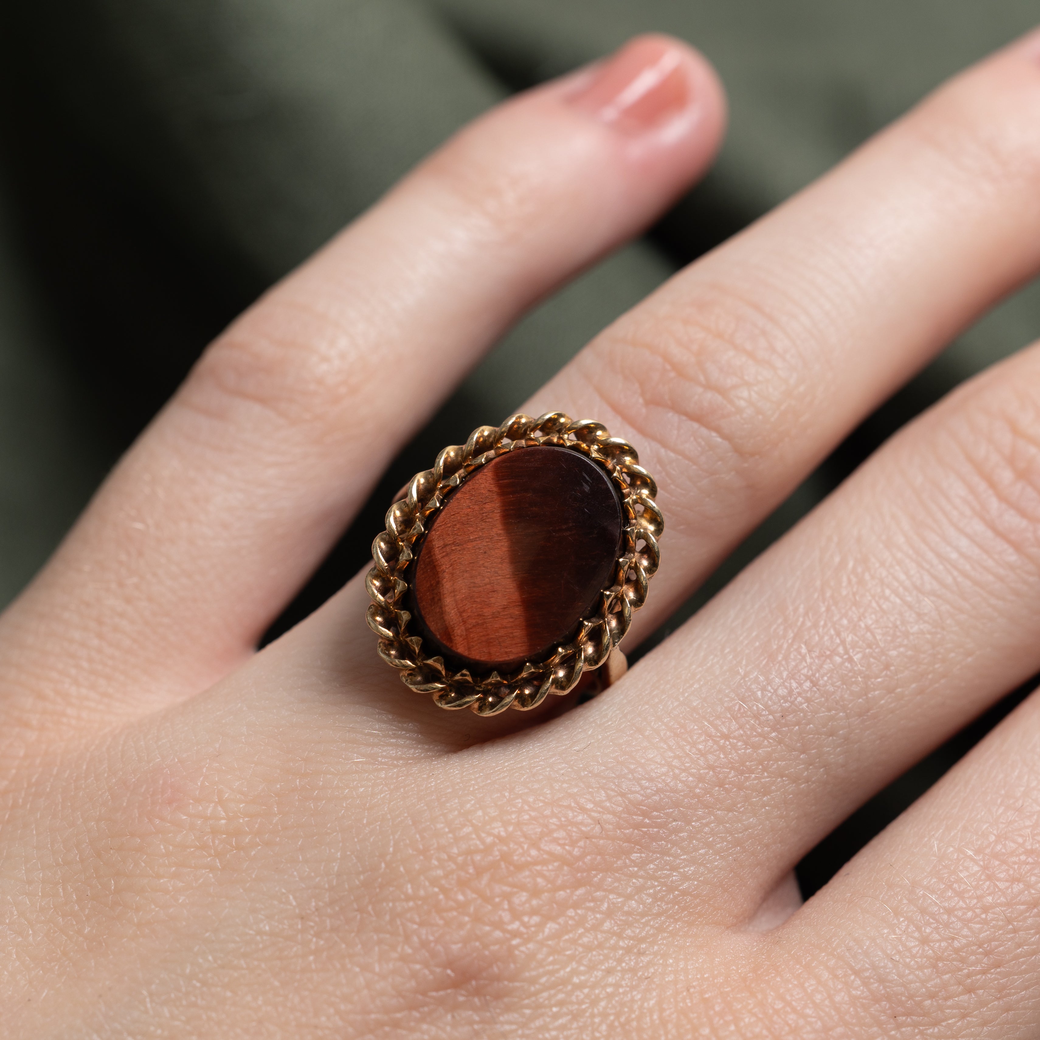 Oval Cut Tigers Eye Textured Cocktail Ring | SZ 4.75
