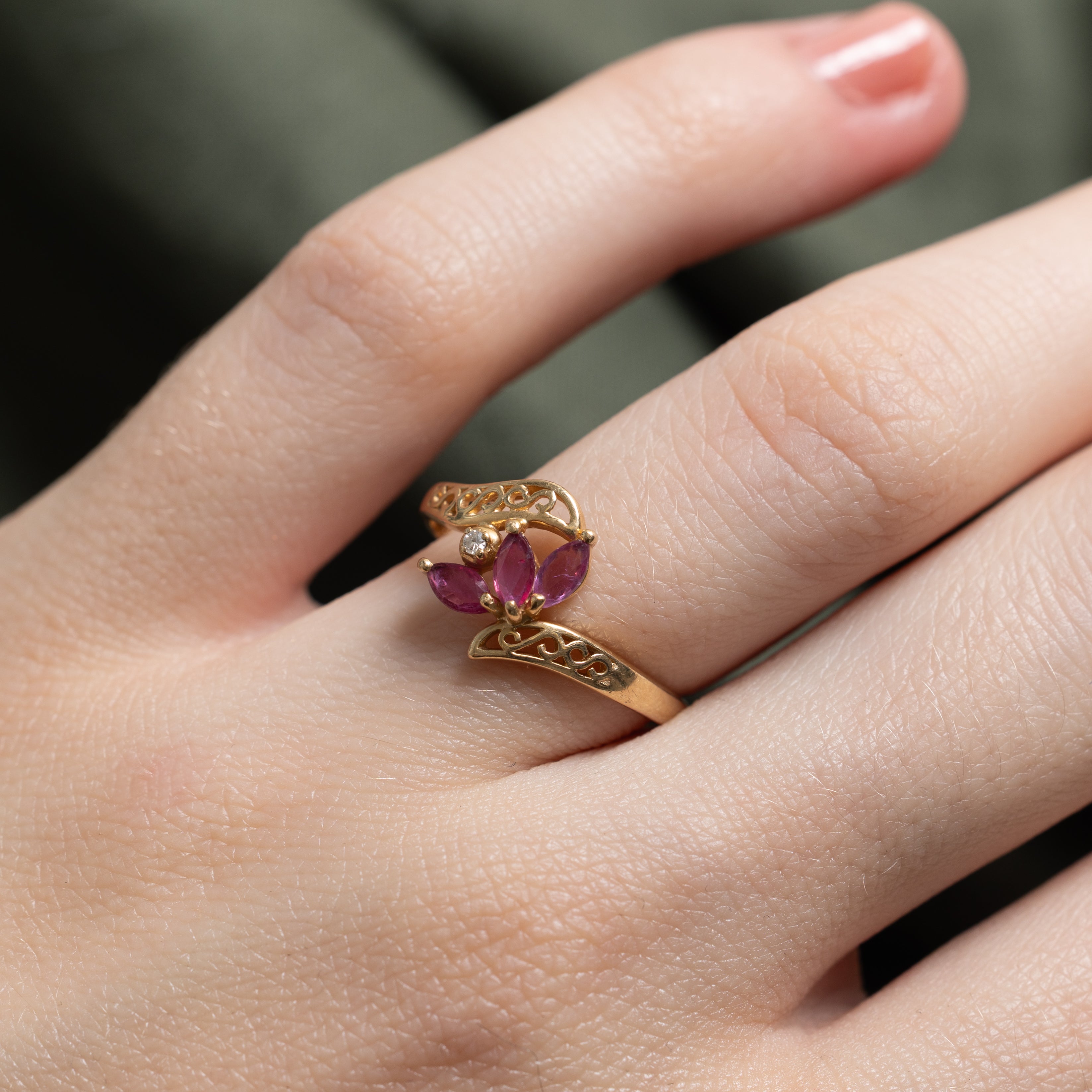 Three Stone Ruby & Diamond Bypass Ring | SZ 5.75